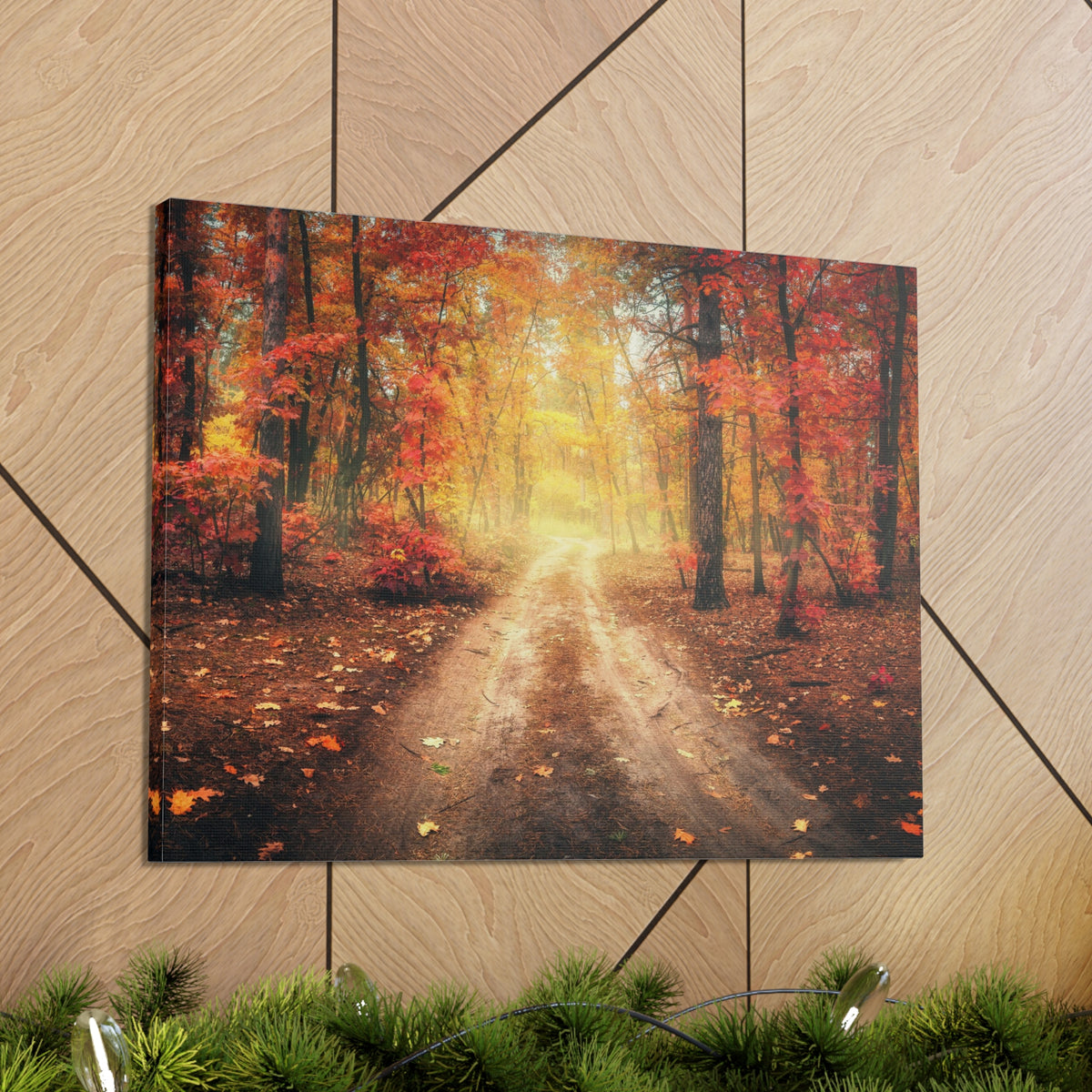 Autumn Forest Misty Orange Tree Path Nature Wilderness Photography Canvas Wall Art for Home Decor Ready-to-Hang-Express Your Love Gifts