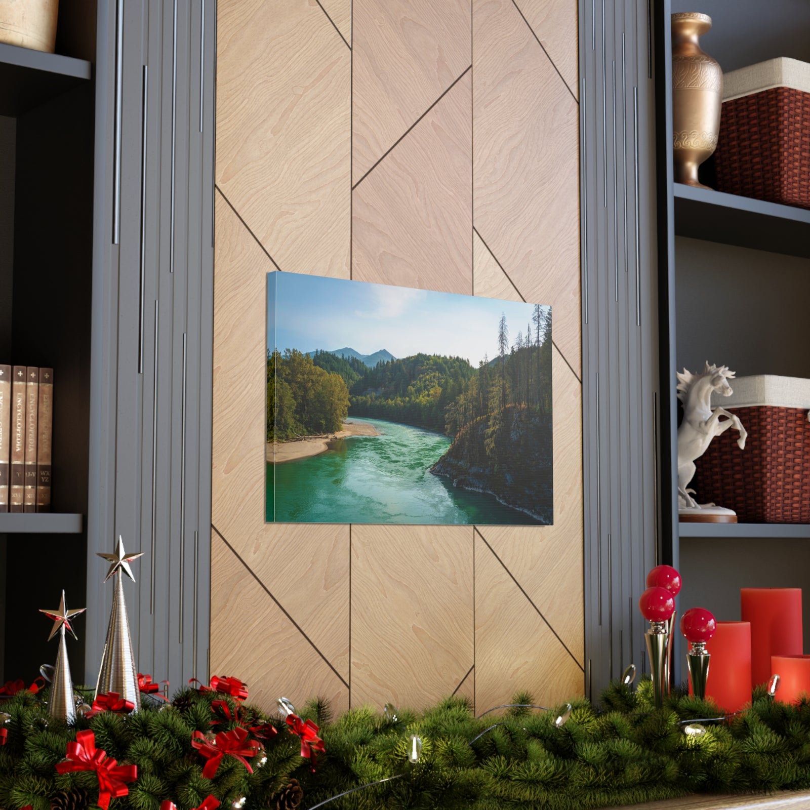 River Through Pine Tree Green Forest Nature Wilderness Photography Canvas Wall Art for Home Decor Ready-to-Hang-Express Your Love Gifts