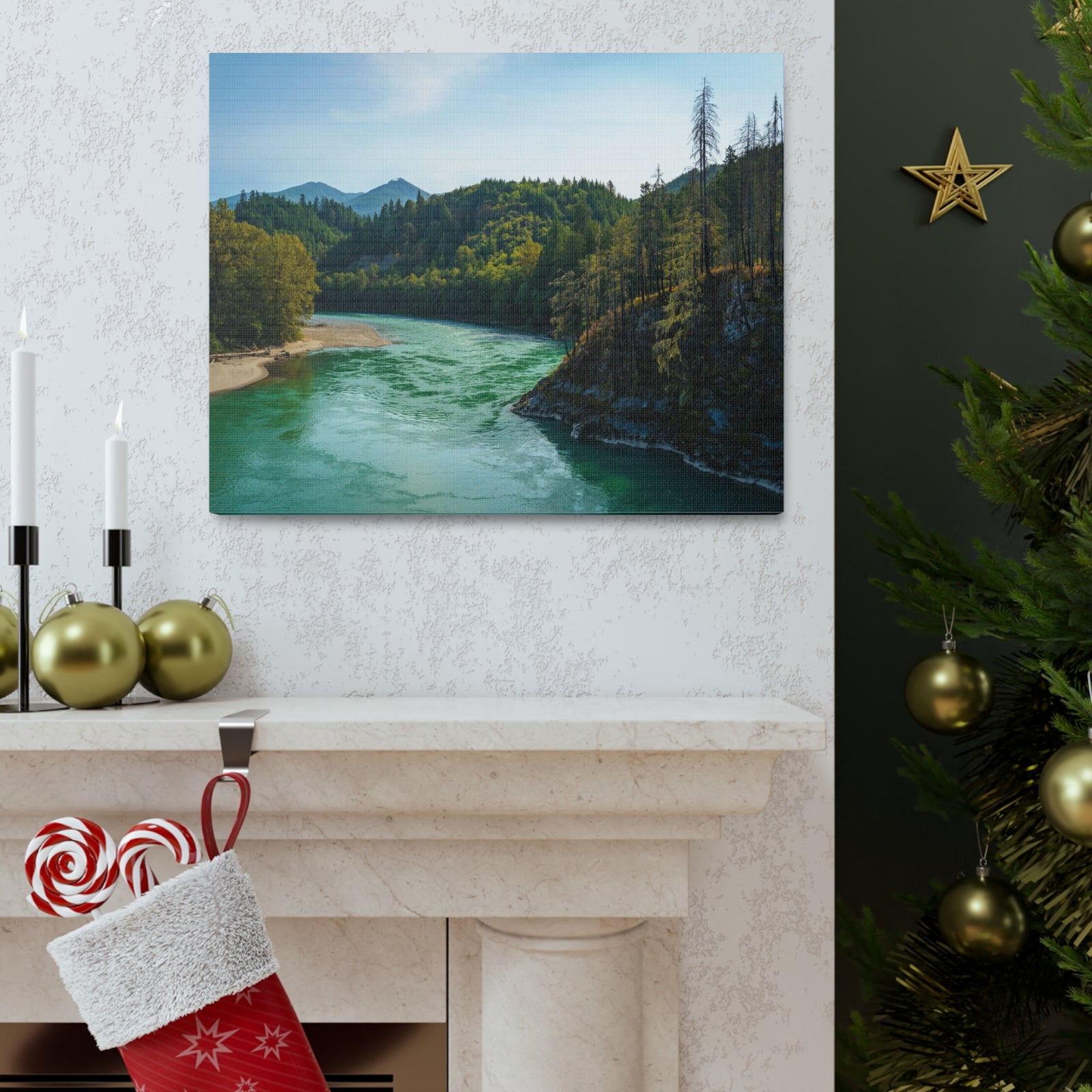 River Through Pine Tree Green Forest Nature Wilderness Photography Canvas Wall Art for Home Decor Ready-to-Hang-Express Your Love Gifts