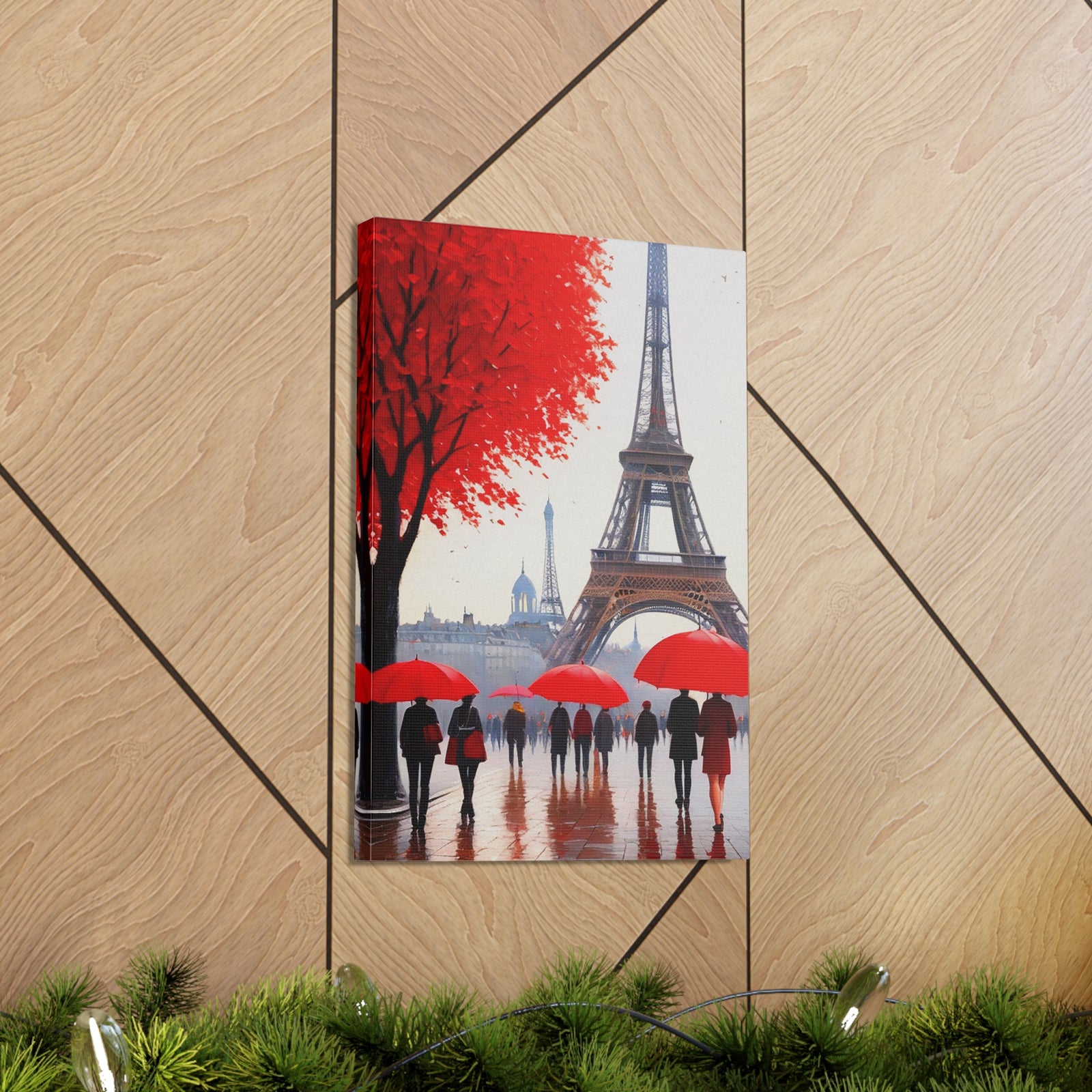 Paris Eiffel Tower Crowd With Red Umbrella France Canvas Artwork High-Quality Breathtaking French City for Home Decor Ready to Hang-Express Your Love Gifts