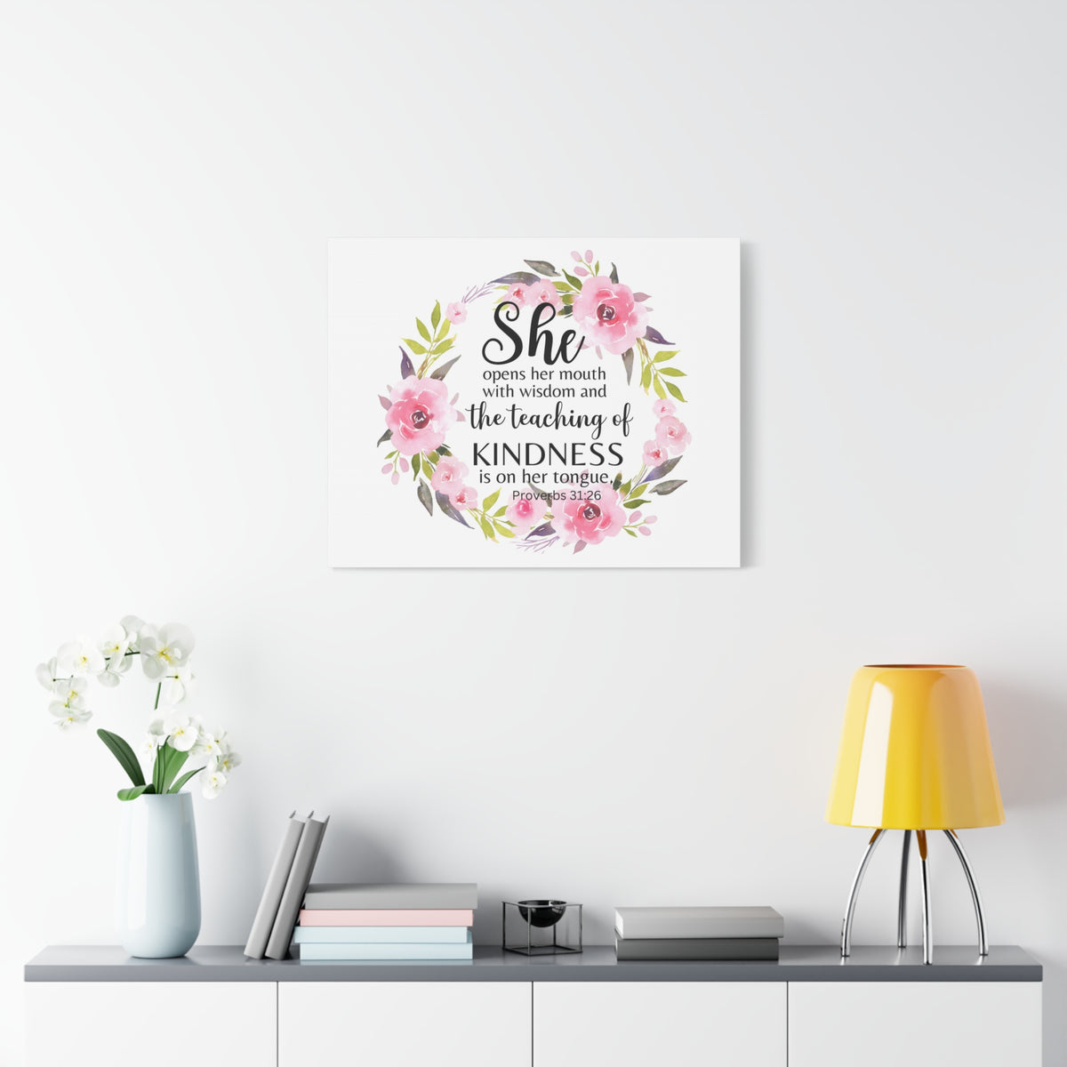Scripture Walls Proverbs 31:26 She Teaches Kindness Bible Verse Canvas Christian Wall Art Ready to Hang Unframed-Express Your Love Gifts