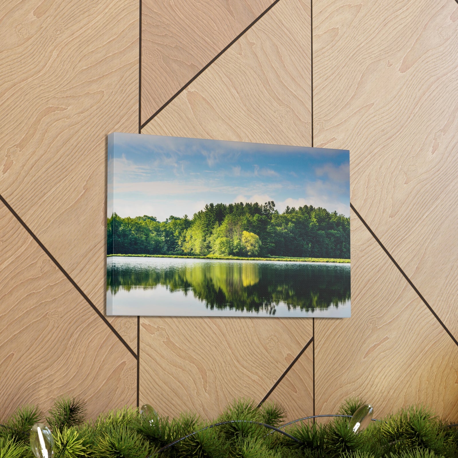 Green Forest Clear Lake Reflection Nature Wilderness Photography Canvas Wall Art for Home Decor Ready-to-Hang-Express Your Love Gifts