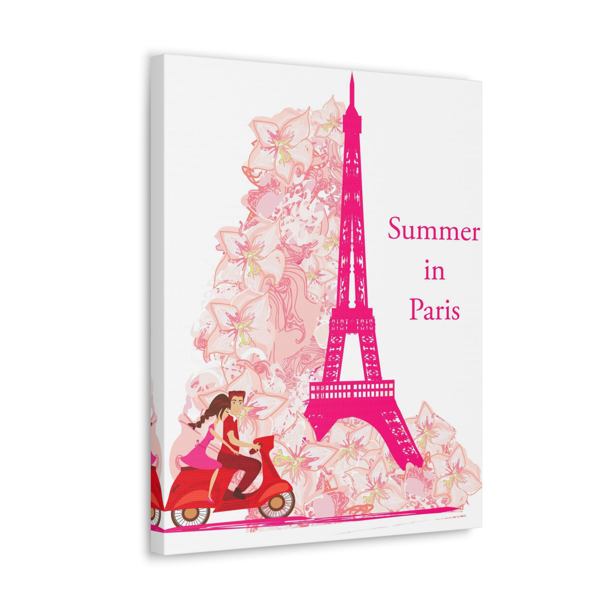 Pink Eiffel Tower Couple On Scooter Paris France Canvas Artwork High-Quality Breathtaking French City for Home Decor Ready to Hang-Express Your Love Gifts
