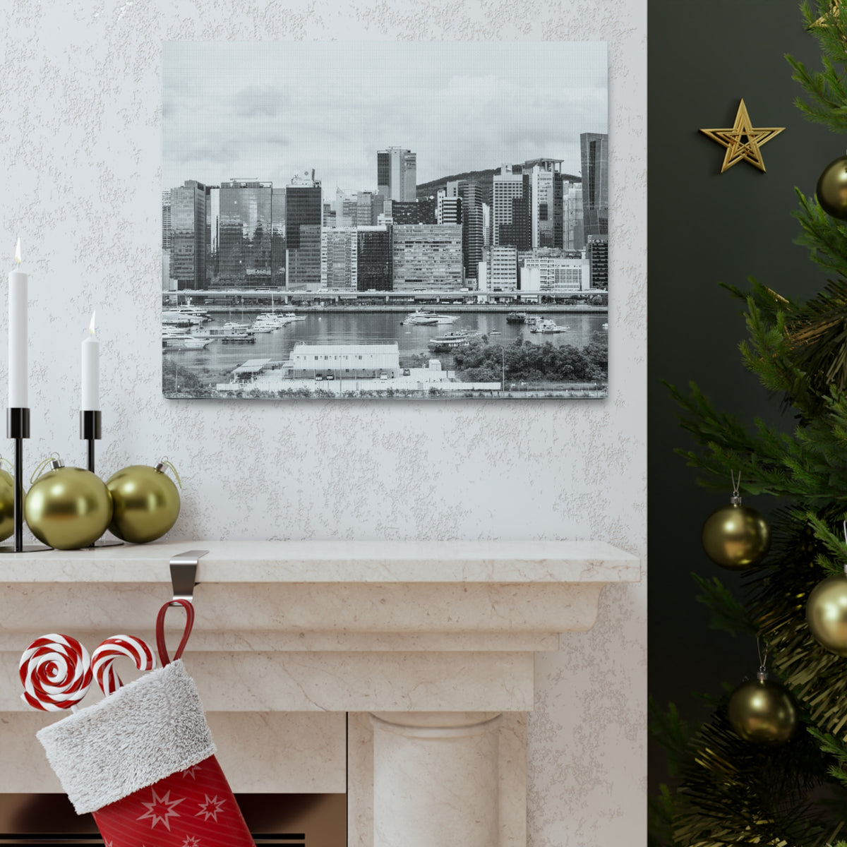 Hong Kong Black And White Skyline Canvas Artwork High-Quality Breathtaking Stunning Cityscape for Home Decor Ready to Hang-Express Your Love Gifts