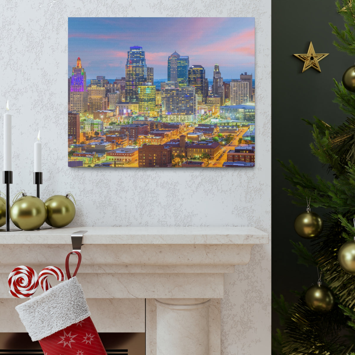 Kansas City Night Skyline Canvas Artwork High-Quality Breathtaking Stunning Cityscape for Home Decor Ready to Hang-Express Your Love Gifts