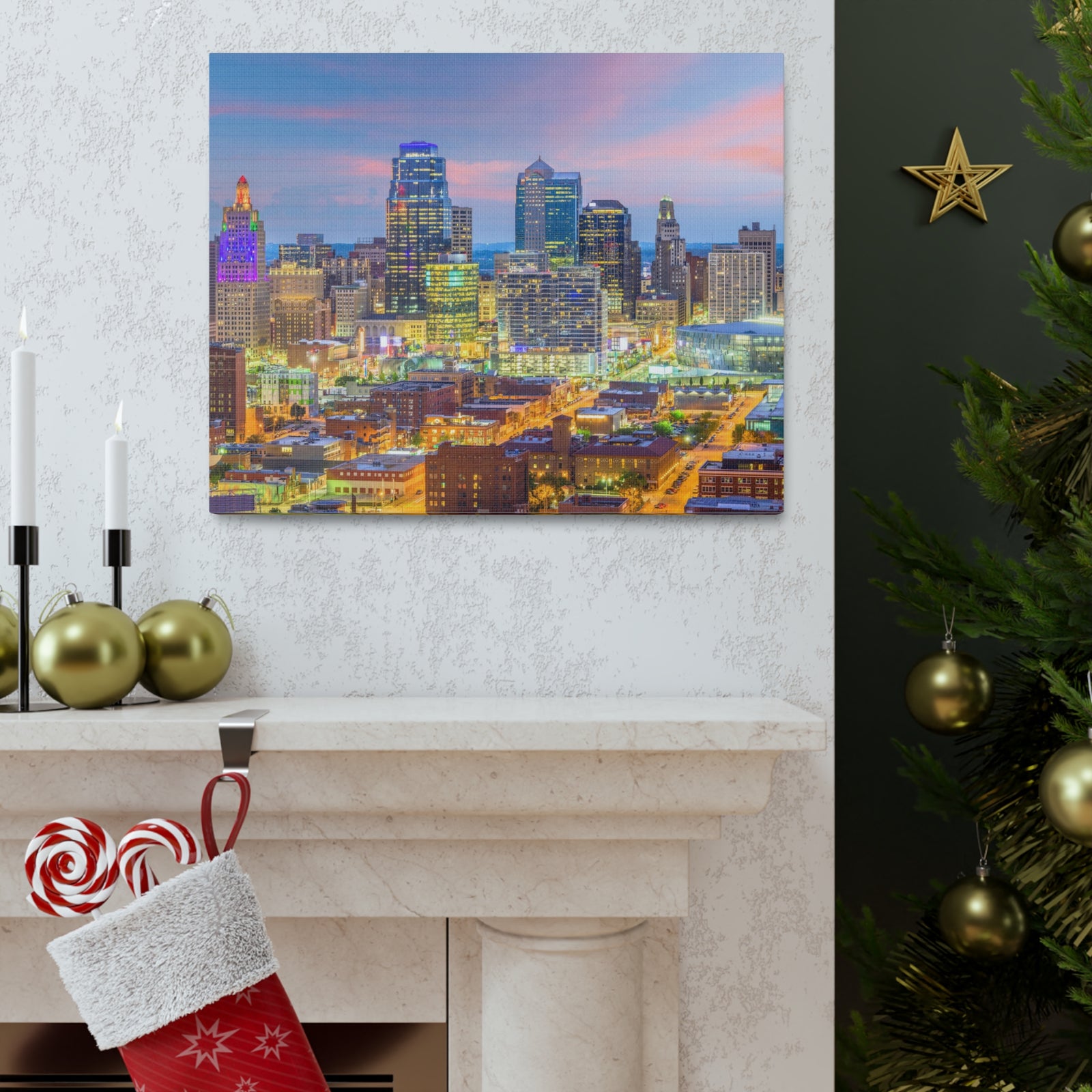 Kansas City Night Skyline Canvas Artwork High-Quality Breathtaking Stunning Cityscape for Home Decor Ready to Hang-Express Your Love Gifts