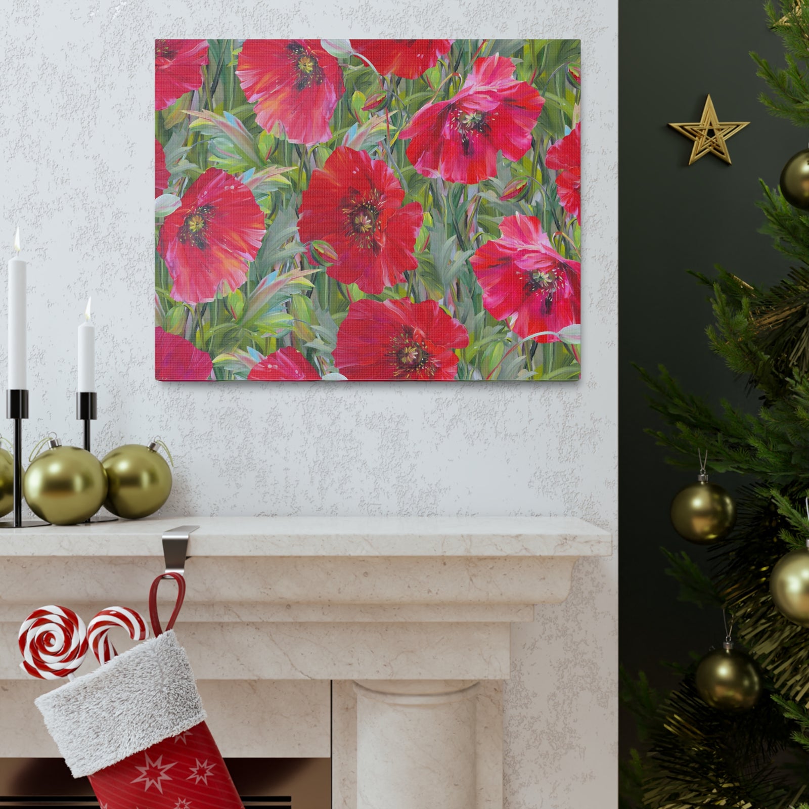 Seamless Floral Pattern Red Poppies Flower Canvas Wall Art for Home Decor Ready-to-Hang-Express Your Love Gifts