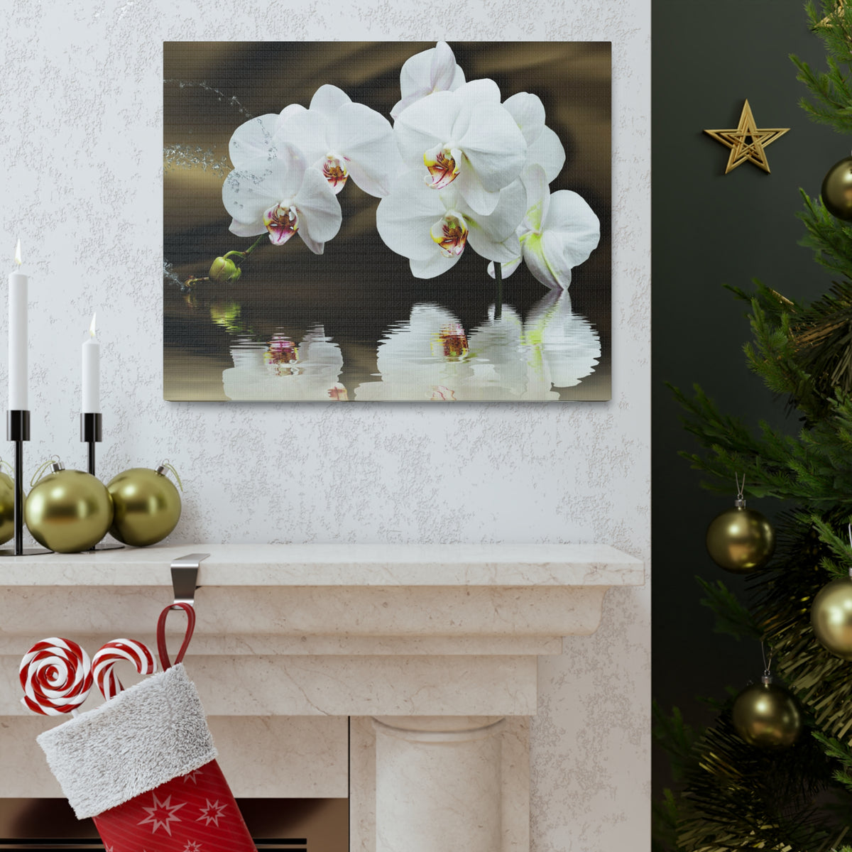 Orchids Reflected in Water Flower Canvas Wall Art for Home Decor Ready-to-Hang-Express Your Love Gifts