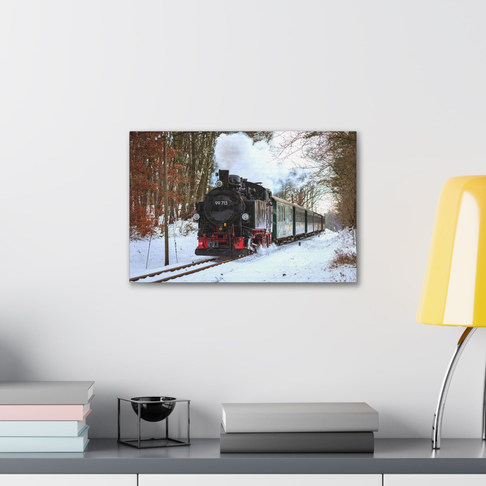 Steam Train Winter White Smoke Modern Multicolor Scenic Nature Photography Canvas Home Office Decor Ready to Hang-Express Your Love Gifts
