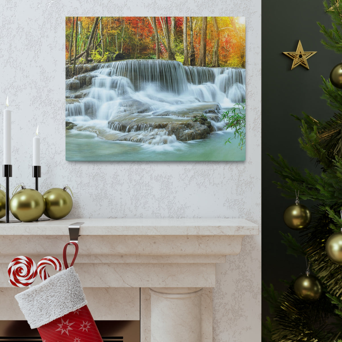 Cascading Autumn Forest Waterfall Nature Wilderness Photography Canvas Wall Art for Home Decor Ready-to-Hang-Express Your Love Gifts
