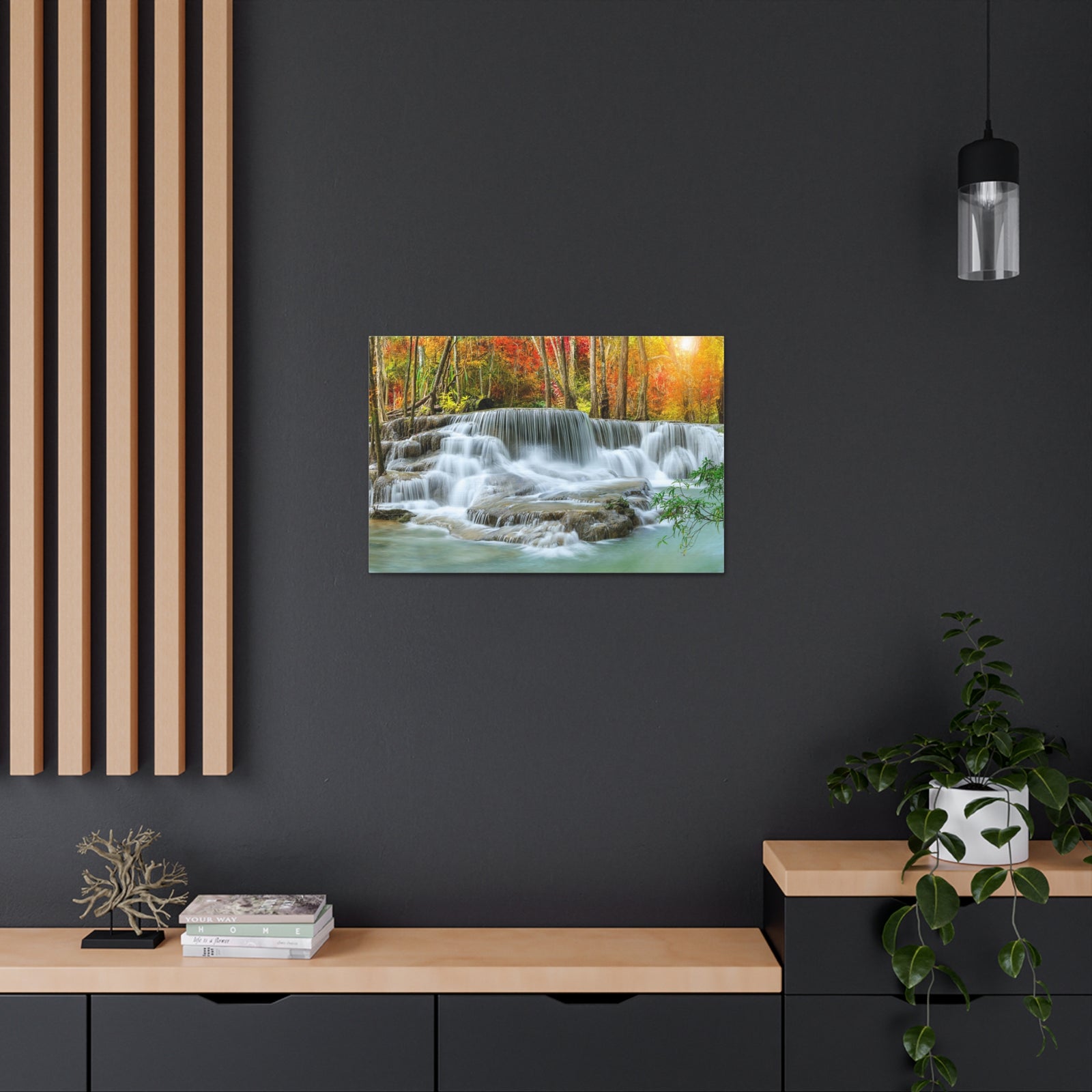 Cascading Autumn Forest Waterfall Nature Wilderness Photography Canvas Wall Art for Home Decor Ready-to-Hang-Express Your Love Gifts