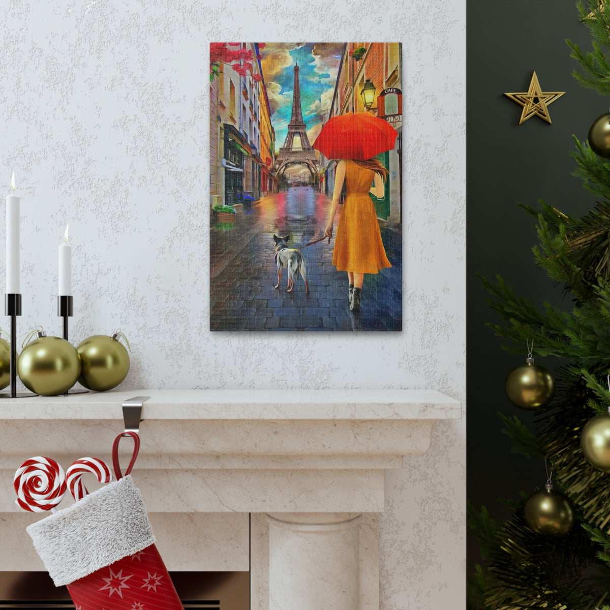Paris Yellow Dress Red Umbrella Paris Eiffel Tower Couple France Canvas Artwork High-Quality Breathtaking French City for Home Decor Ready to Hang-Express Your Love Gifts
