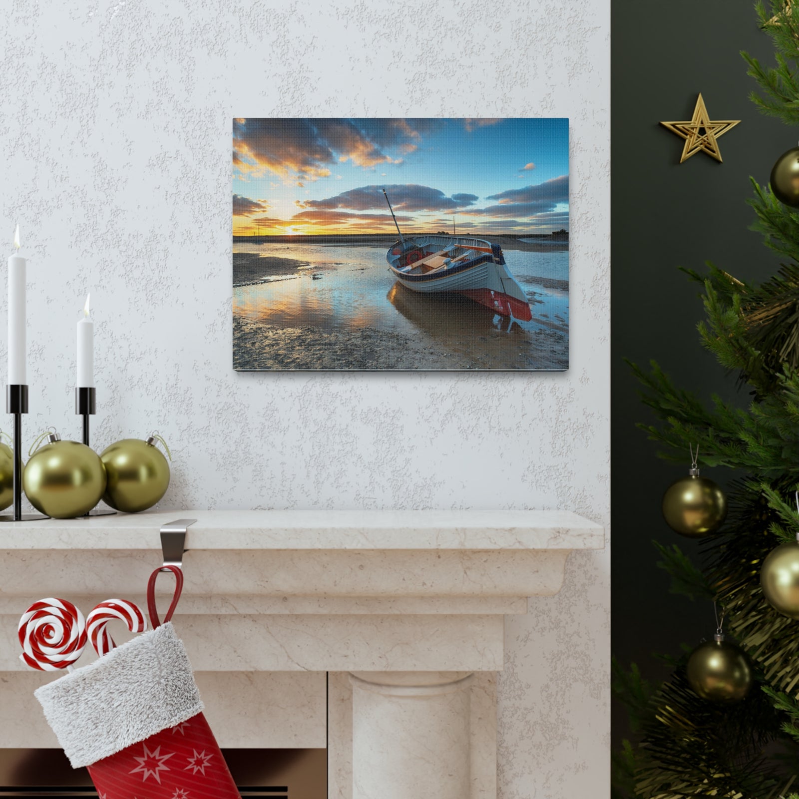 Stunning Sunset Over Fishing Boat Ocean Canvas Wall Art for Home Decor Ready-to-Hang-Express Your Love Gifts