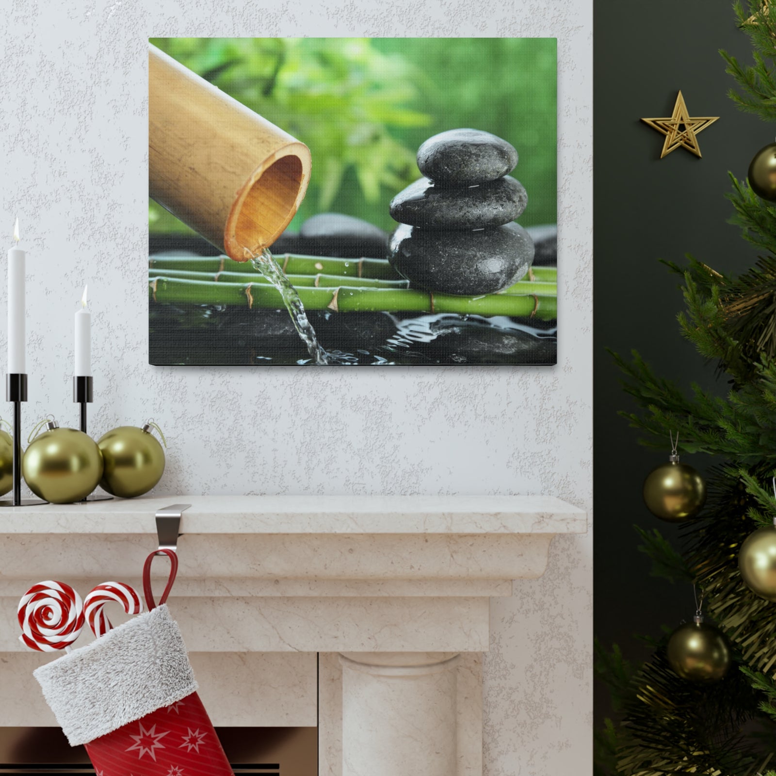 Traditional Bamboo Fountain Forest Floral Nature Photography Canvas Wall Art for Home Decor Ready-to-Hang-Express Your Love Gifts