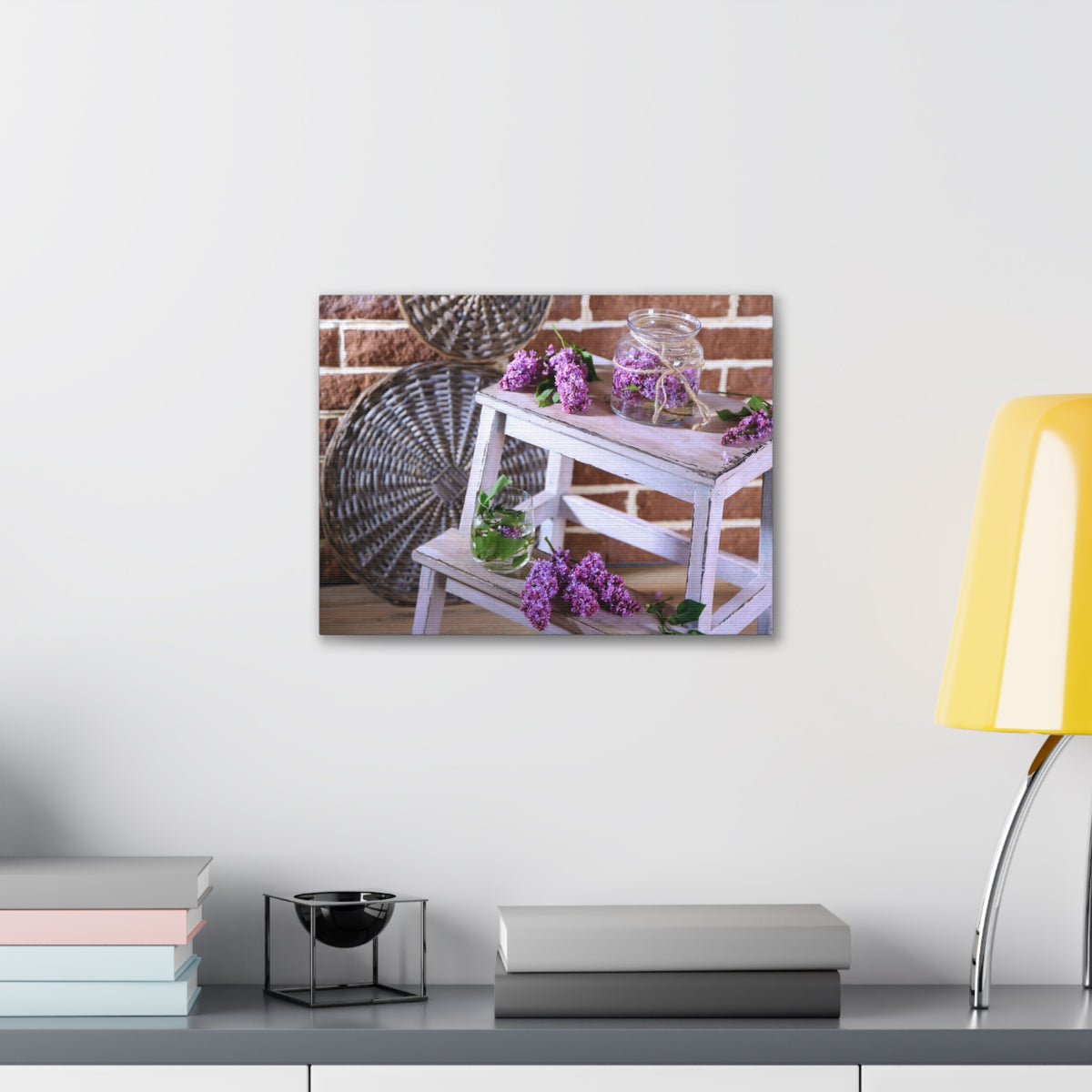 Beautiful Lilac Flowers On Wooden Ladder Rustic Design Canvas Wall Art for Home Decor Ready-to-Hang-Express Your Love Gifts