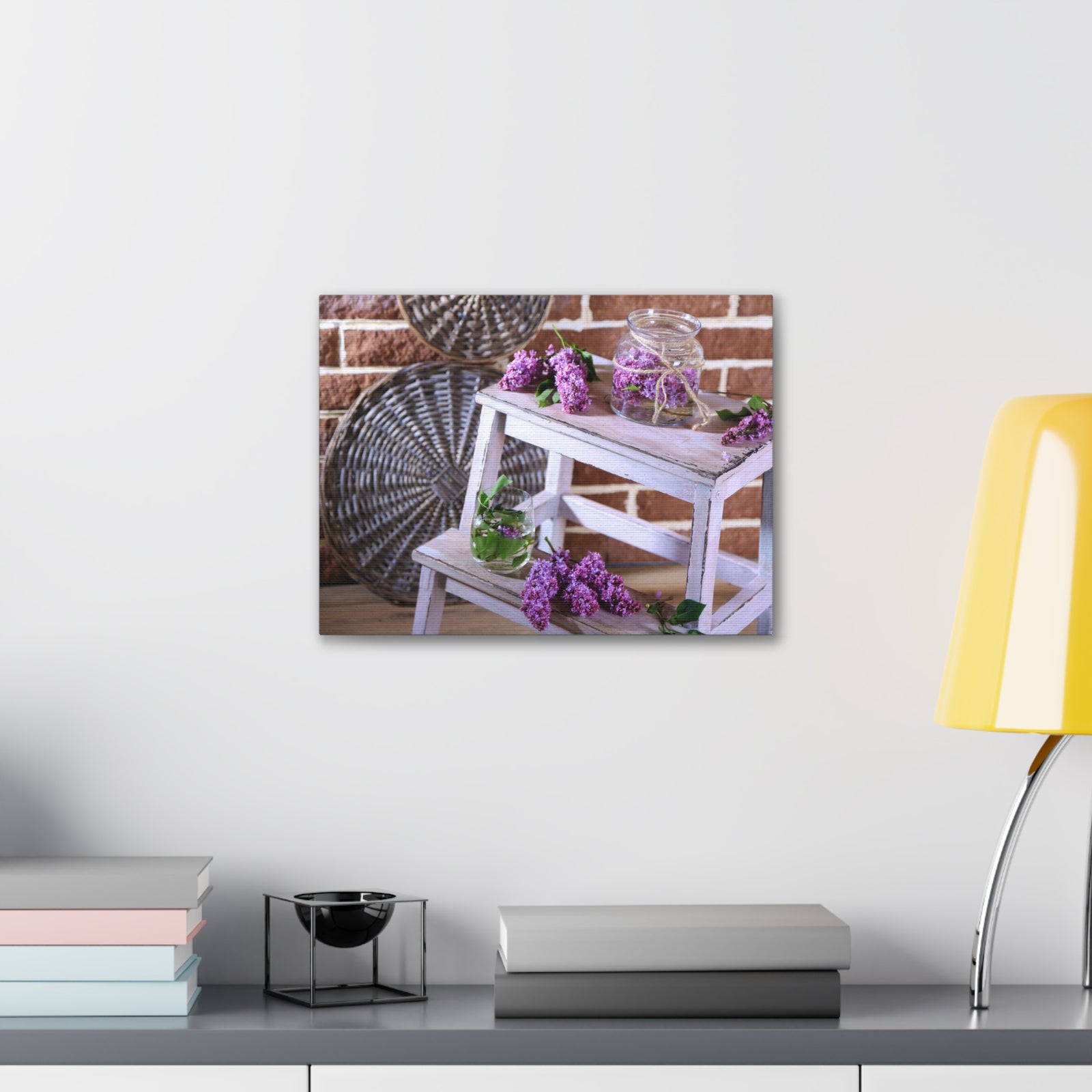 Beautiful Lilac Flowers On Wooden Ladder Rustic Design Canvas Wall Art for Home Decor Ready-to-Hang-Express Your Love Gifts