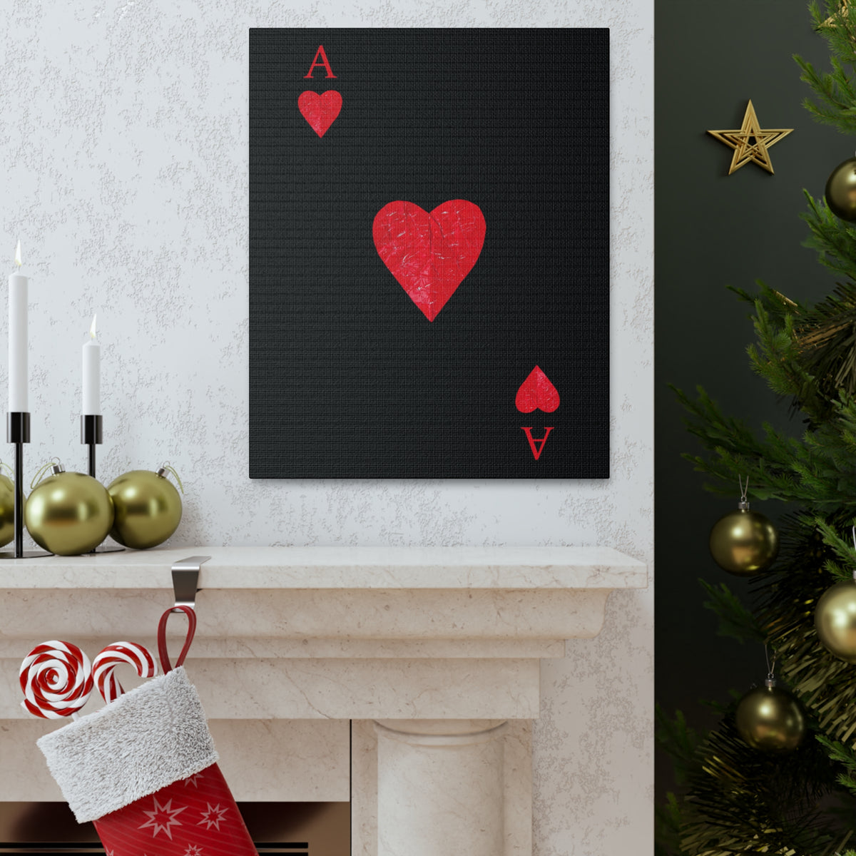 Ace Of Hearts Black Surface Playing Card Canvas Wall Art for Home Decor Ready-to-Hang-Express Your Love Gifts