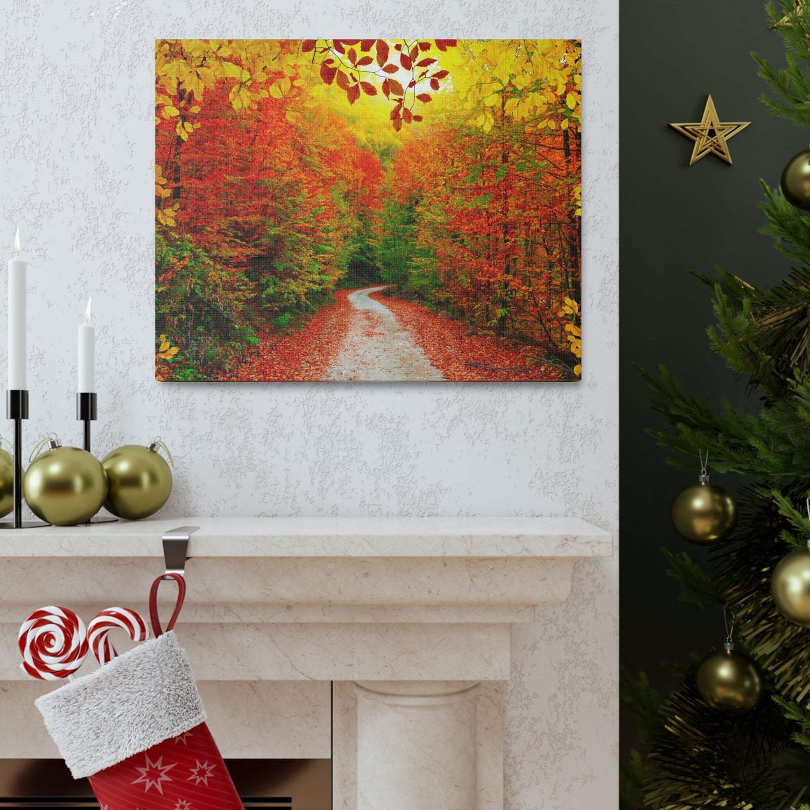 Autumn Fall Orange Leaf Forest Tree Trail Nature Wilderness Photography Canvas Wall Art for Home Decor Ready-to-Hang-Express Your Love Gifts