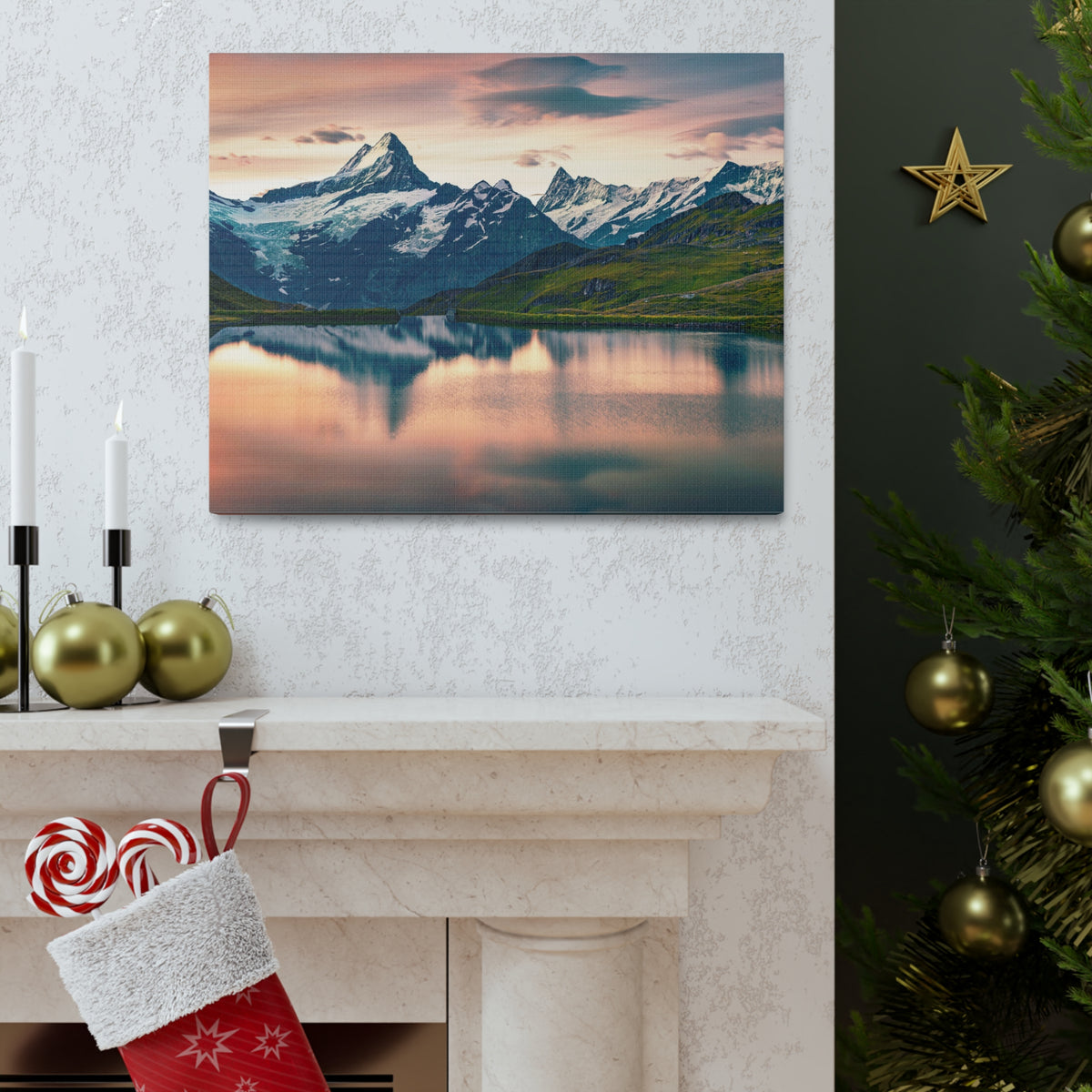Snow Mountain Lake Summer Nature Wilderness Photography Canvas Wall Art for Home Decor Ready-to-Hang-Express Your Love Gifts