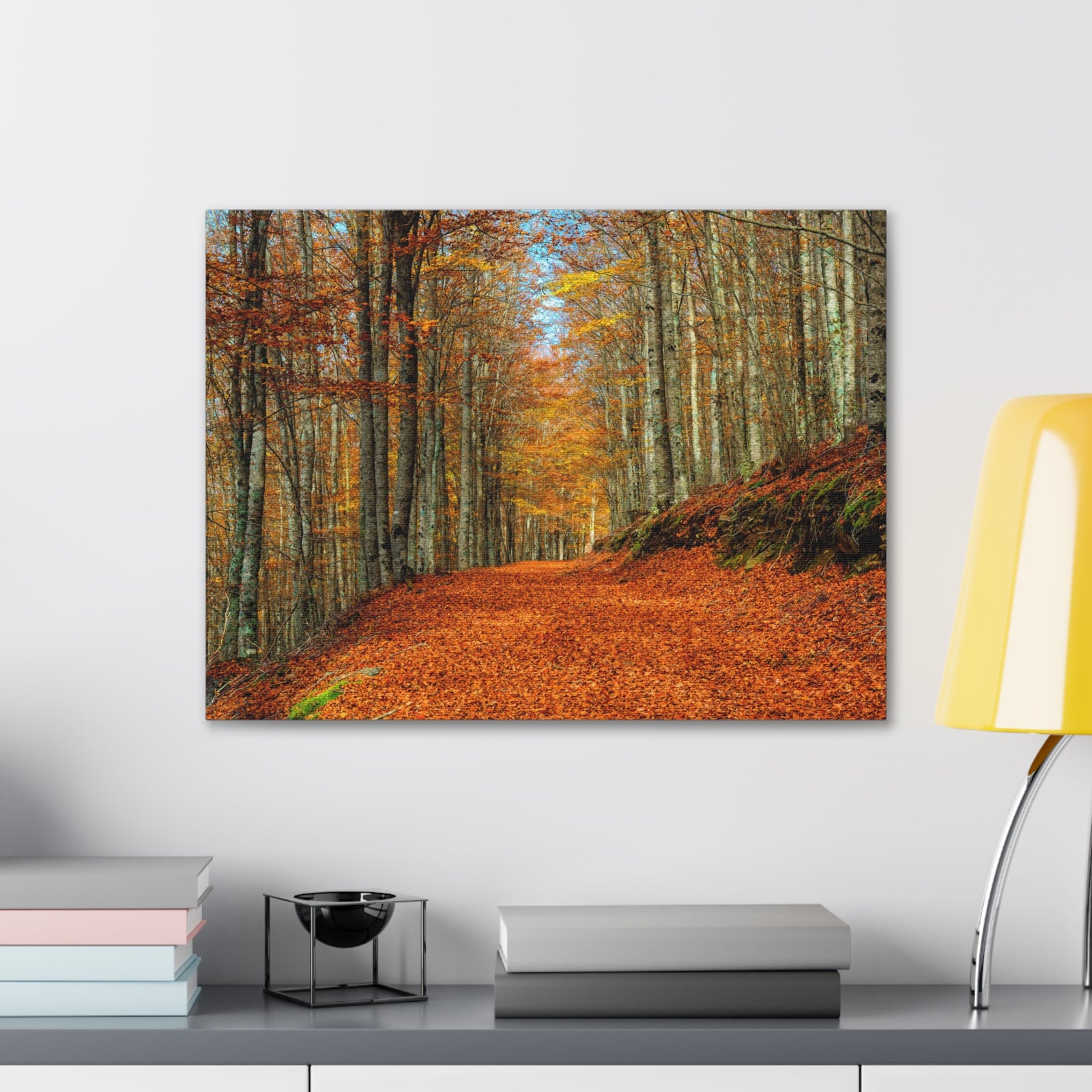 Path Through Red & Orange Autumn Park Nature Wilderness Photography Canvas Wall Art for Home Decor Ready-to-Hang-Express Your Love Gifts