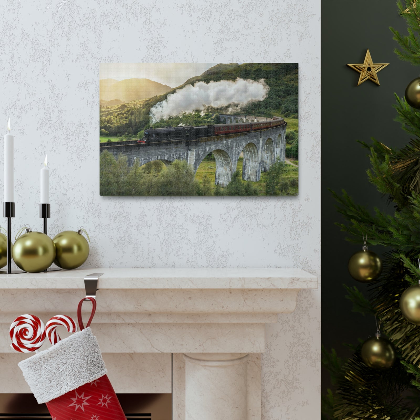 Steam Train Running On Scottish Highlands Modern Multicolor Scenic Nature Photography Canvas Home Office Decor Ready to Hang-Express Your Love Gifts