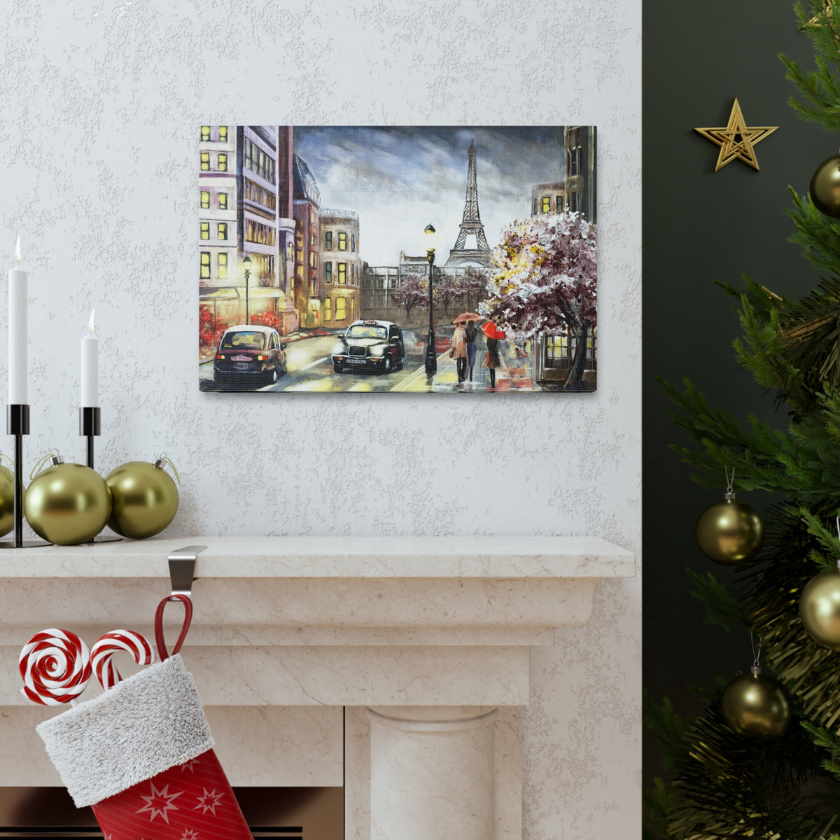 Paris Couple Red Umbrella France Canvas Artwork High-Quality Breathtaking French City for Home Decor Ready to Hang-Express Your Love Gifts