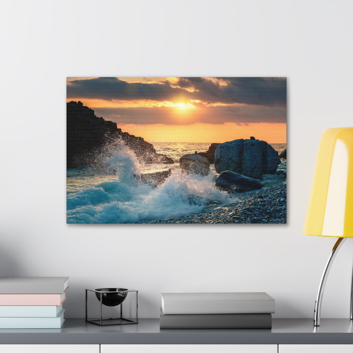 Sea Ocean Wave Hit Rock Beach Sunset Seascape Ocean Canvas Wall Art for Home Decor Ready-to-Hang-Express Your Love Gifts