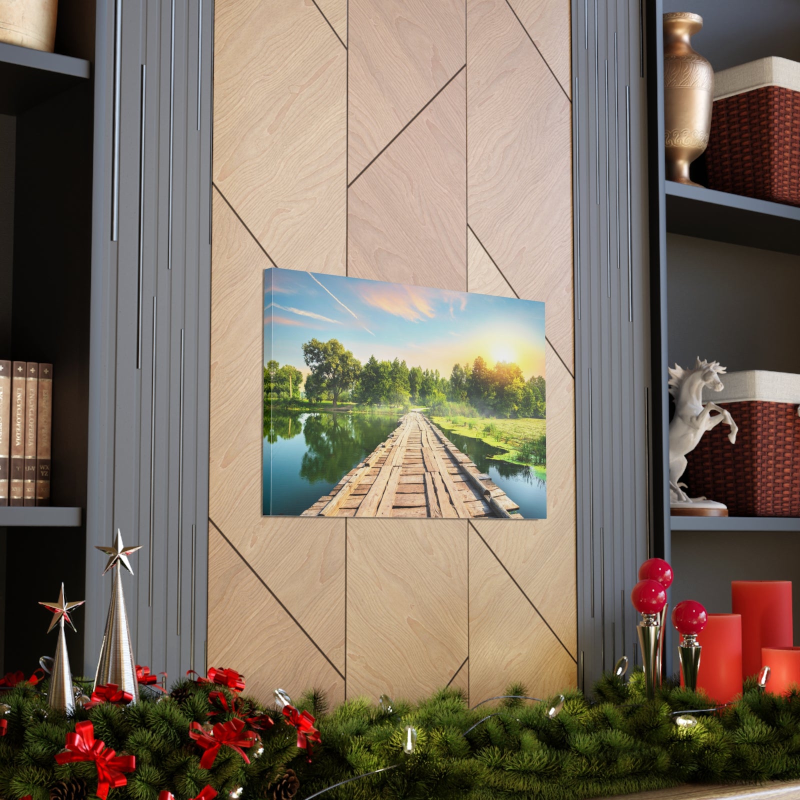 Lake at Dawn Wooden Bridge Nature Wilderness Photography Canvas Wall Art for Home Decor Ready-to-Hang-Express Your Love Gifts