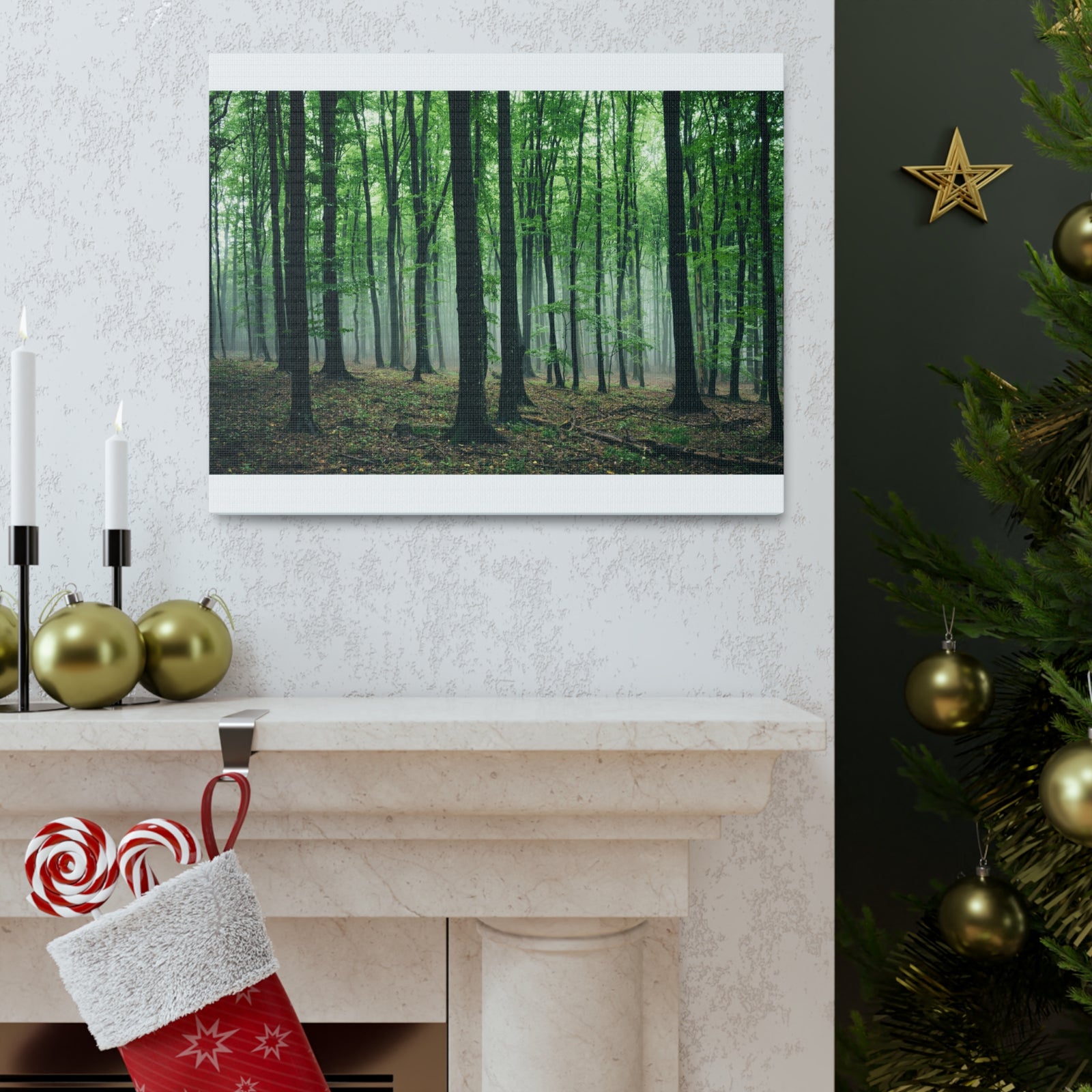 Misty Green Pine Tree Forest Nature Wilderness Photography Canvas Wall Art for Home Decor Ready-to-Hang-Express Your Love Gifts