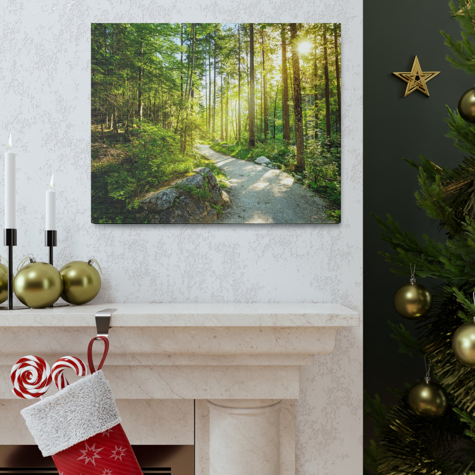 Sunlight Passing Through Green Forest Path Nature Wilderness Photography Canvas Wall Art for Home Decor Ready-to-Hang-Express Your Love Gifts