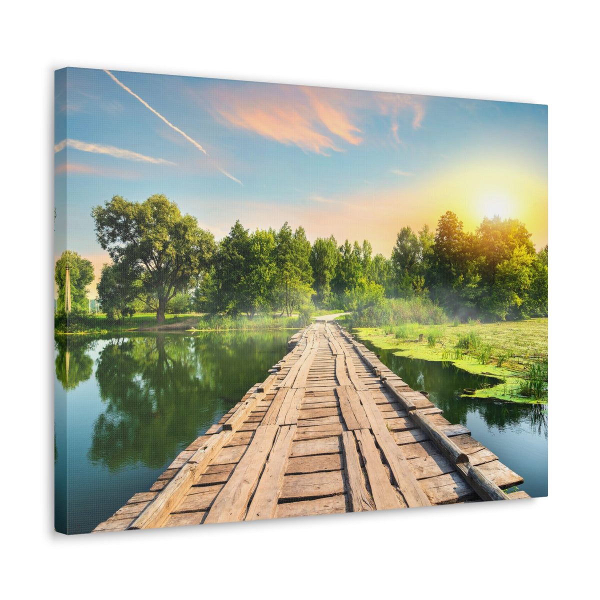 Lake at Dawn Wooden Bridge Nature Wilderness Photography Canvas Wall Art for Home Decor Ready-to-Hang-Express Your Love Gifts