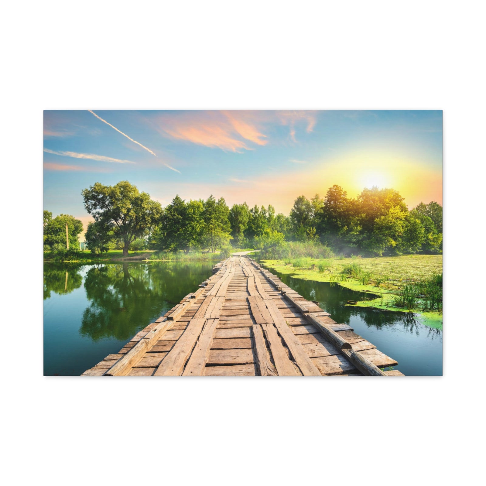 Lake at Dawn Wooden Bridge Nature Wilderness Photography Canvas Wall Art for Home Decor Ready-to-Hang-Express Your Love Gifts
