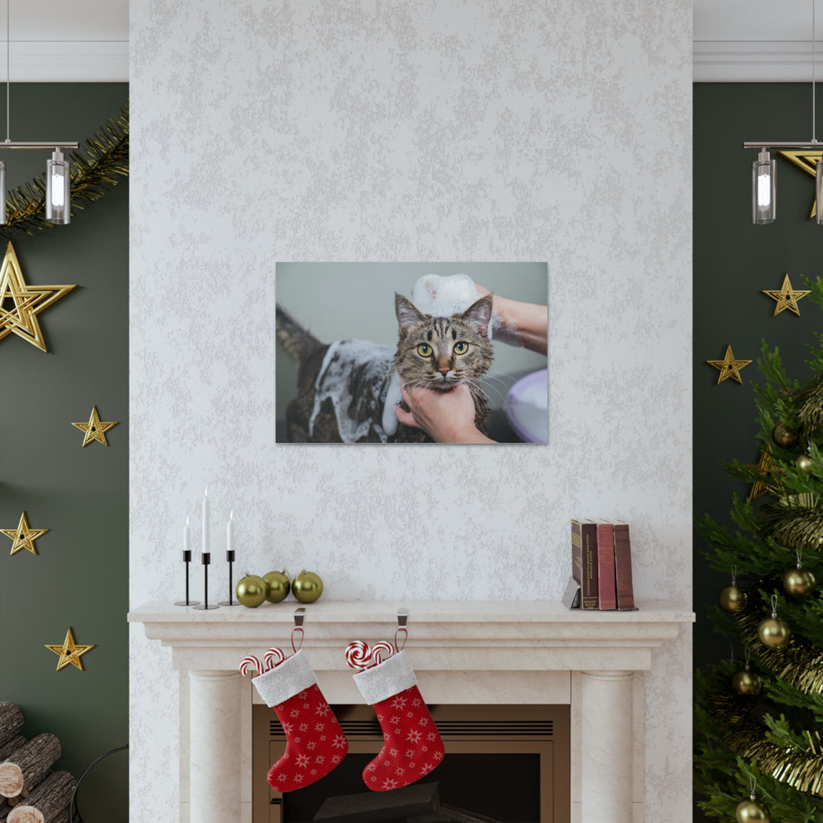 Cute Gray Cat Bath Canvas Wall Art for Home Decor Ready-to-Hang-Express Your Love Gifts