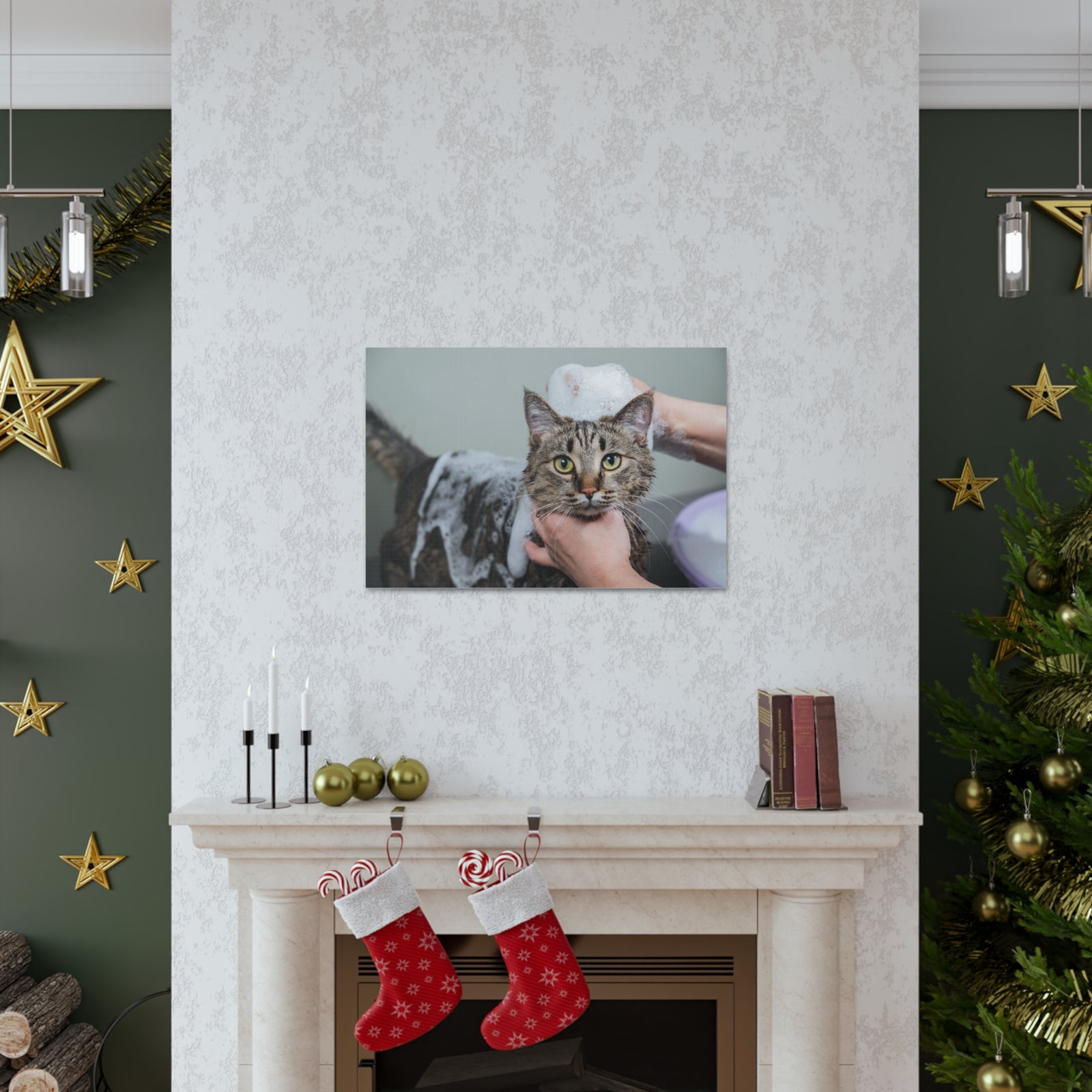 Cute Tabby Gray Cat Bathee Canvas Wall Art for Home Decor Ready-to-Hang-Express Your Love Gifts