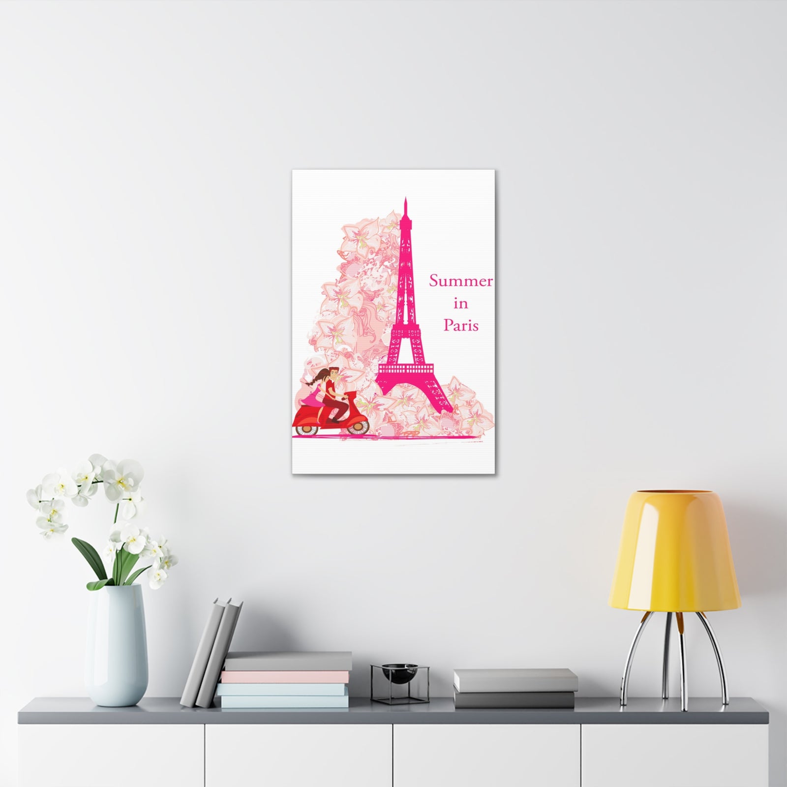 Pink Eiffel Tower Couple On Scooter Paris France Canvas Artwork High-Quality Breathtaking French City for Home Decor Ready to Hang-Express Your Love Gifts