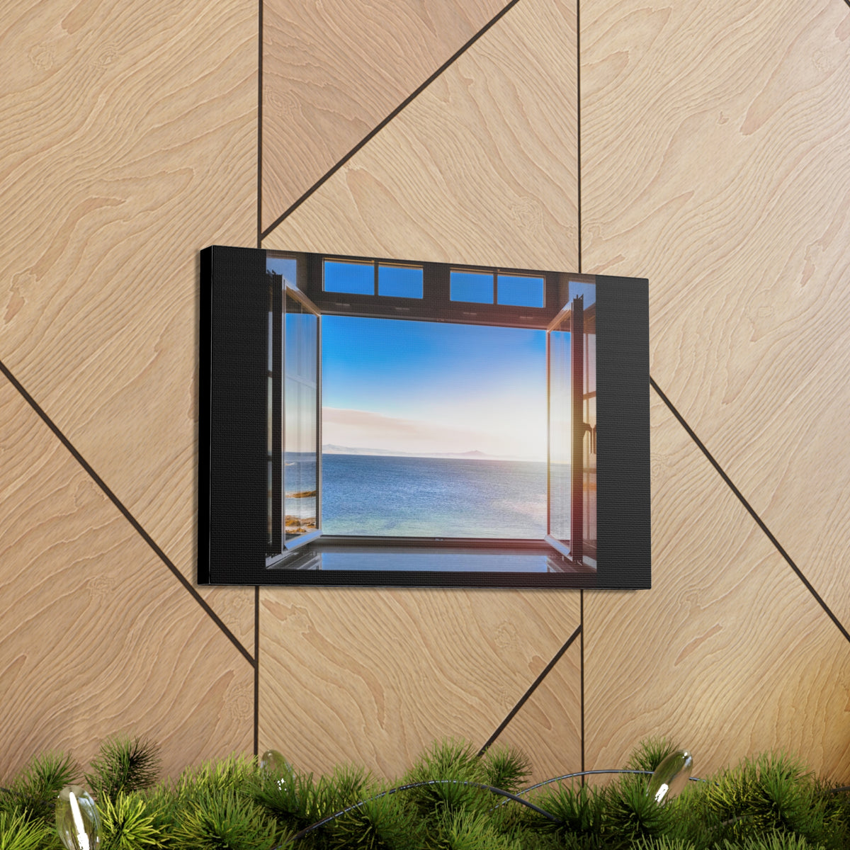Dark Room Sunset Sea View Open Window Ocean Canvas Wall Art for Home Decor Ready-to-Hang-Express Your Love Gifts