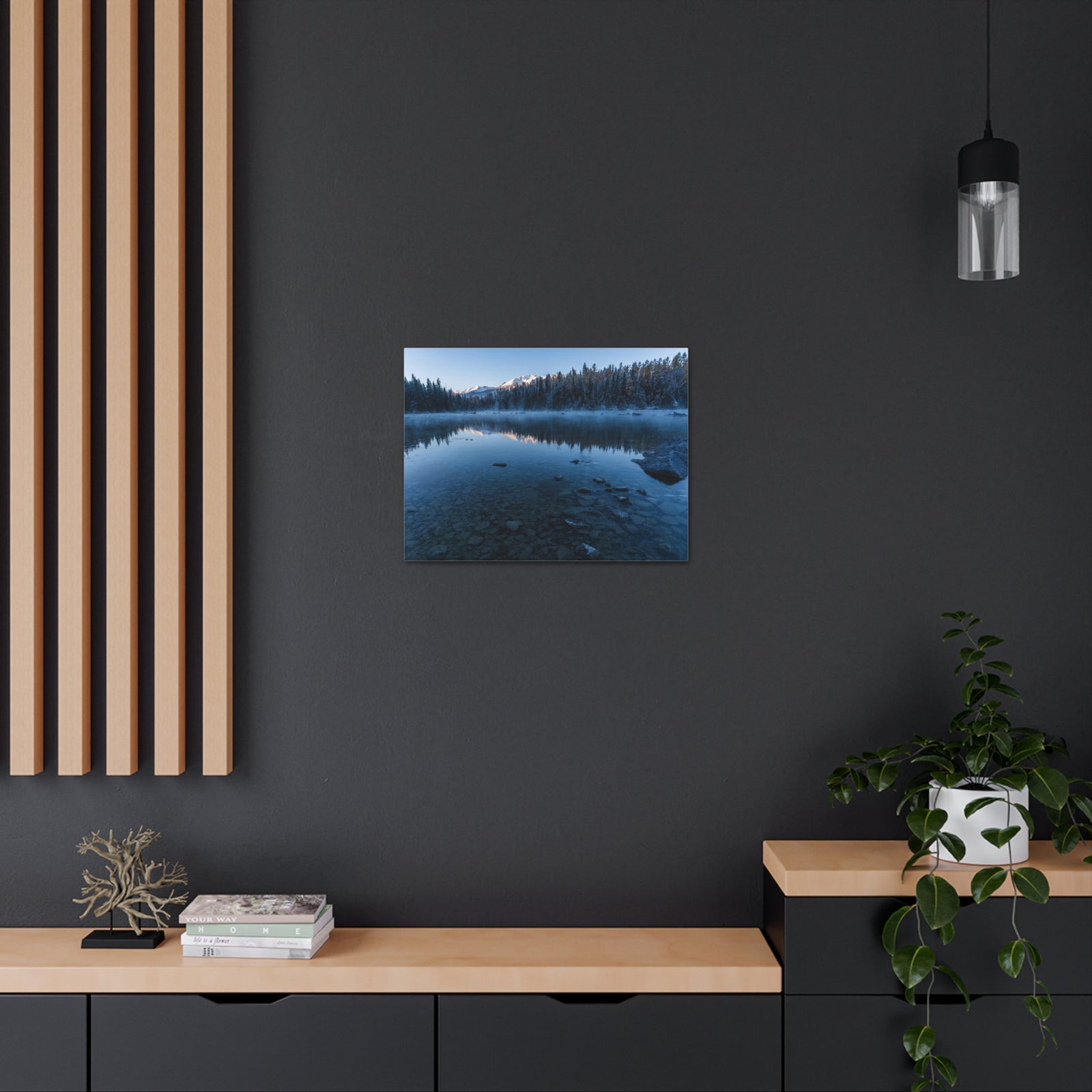 Clear Winter Lake Pine Tree Mountain Nature Wilderness Photography Canvas Wall Art for Home Decor Ready-to-Hang-Express Your Love Gifts