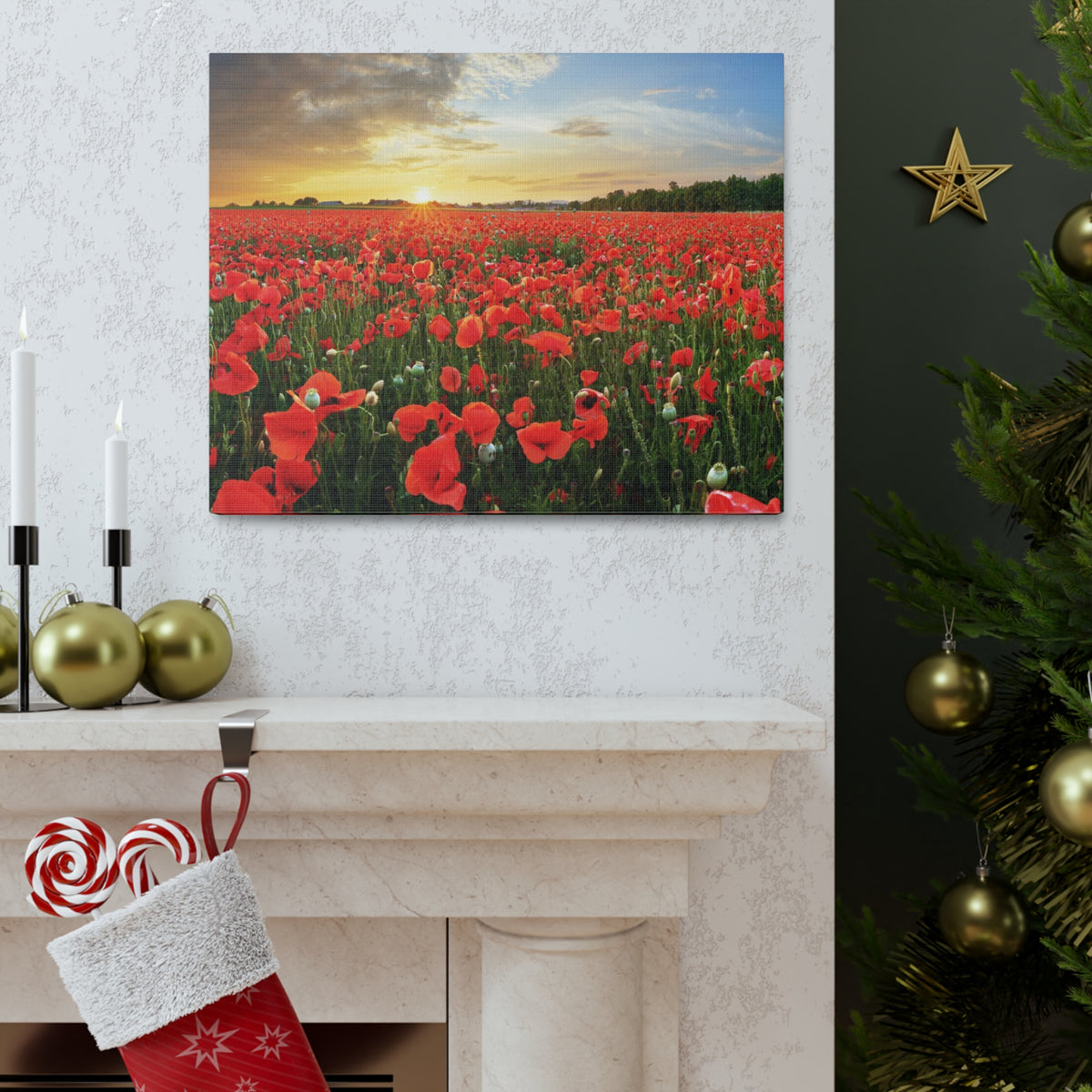 Sunset Over Poppy Field Flower Canvas Wall Art for Home Decor Ready-to-Hang-Express Your Love Gifts