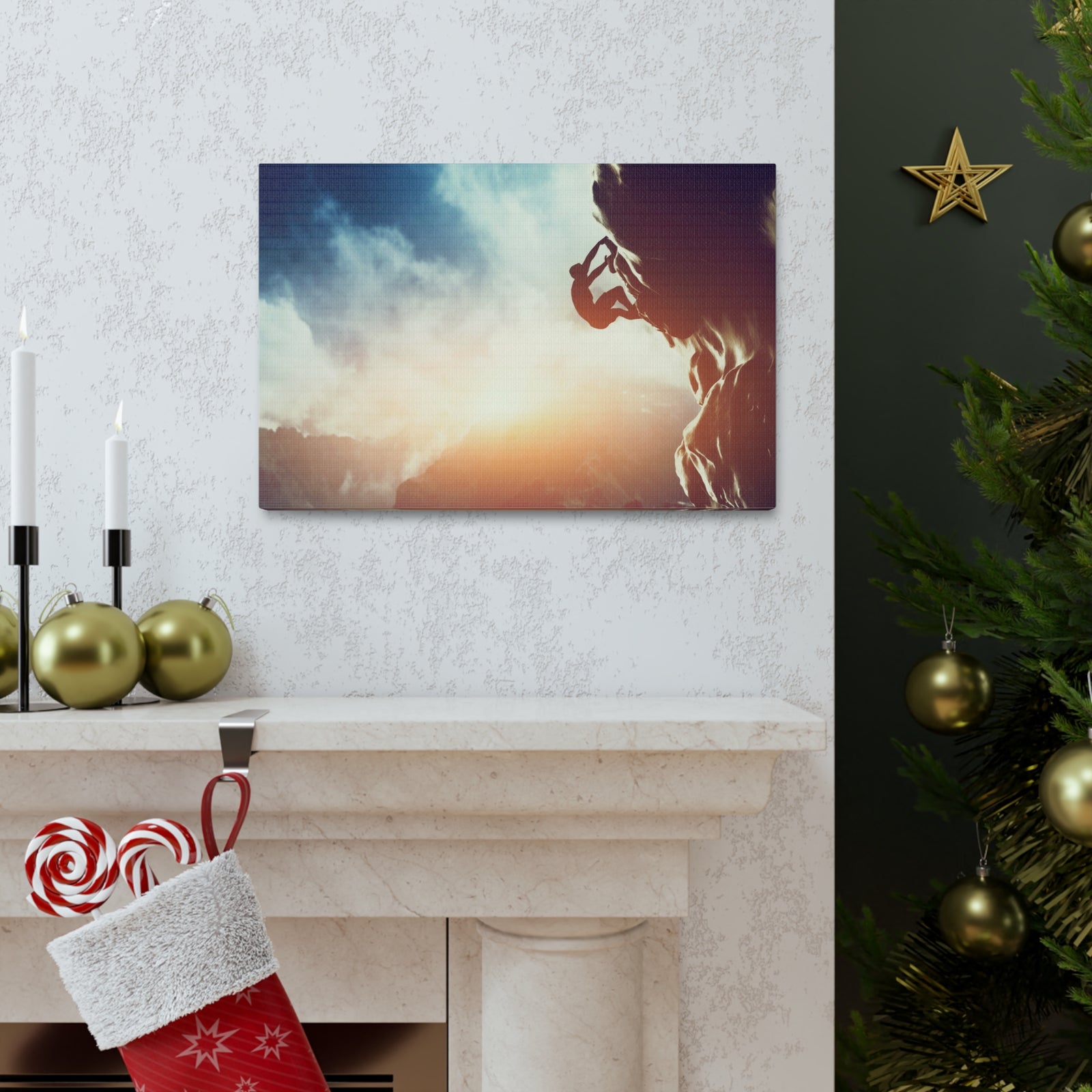 Man Climbing Rock Mountain Nature Wilderness Photography Canvas Wall Art for Home Decor Ready-to-Hang-Express Your Love Gifts