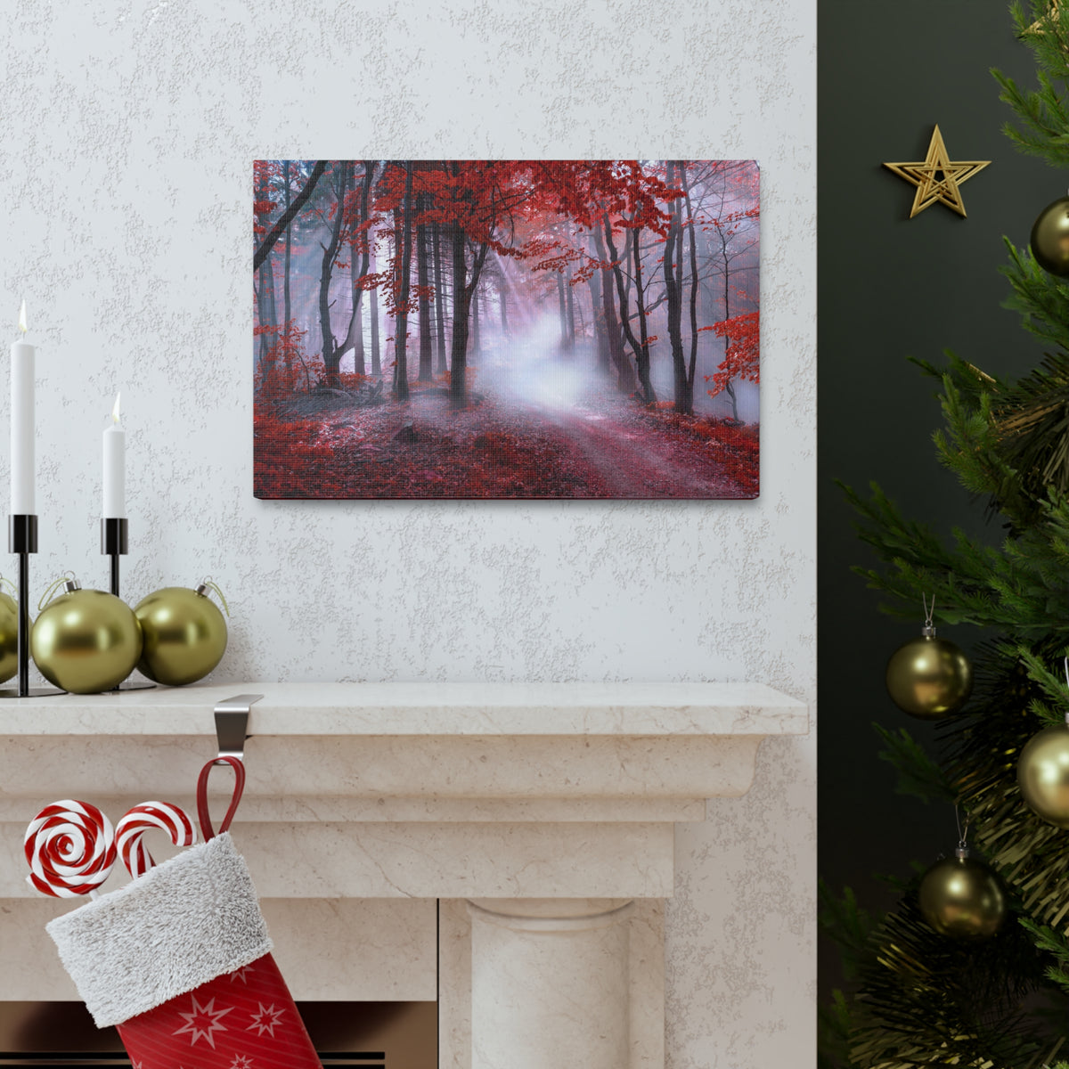 Foggy Autumn Forest Orange Leaves Nature Wilderness Photography Canvas Wall Art for Home Decor Ready-to-Hang-Express Your Love Gifts