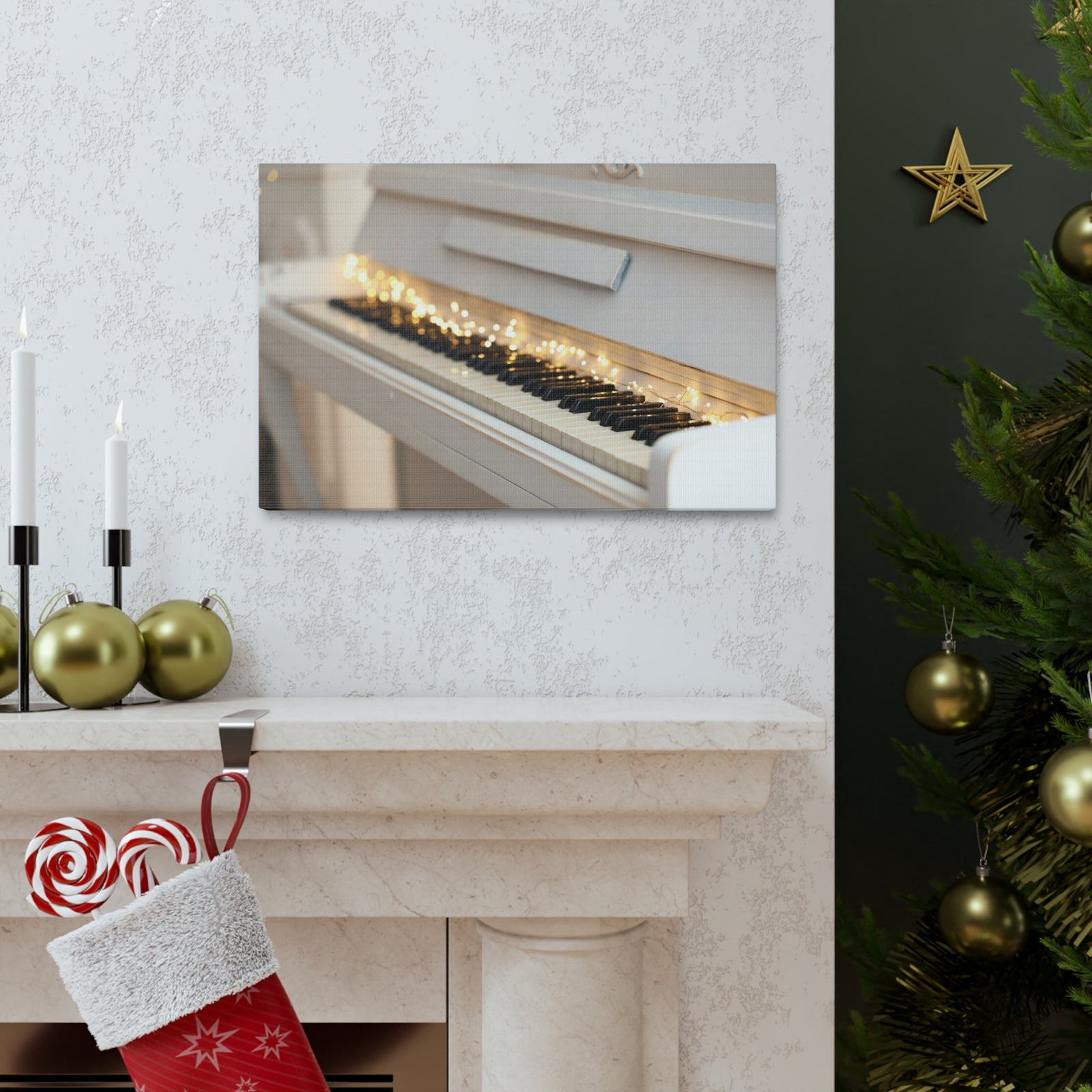 Piano with Glowing Garland Music Lover's Delight Piano Keyboard Canvas Wall Art for Home Decor Ready-to-Hang-Express Your Love Gifts