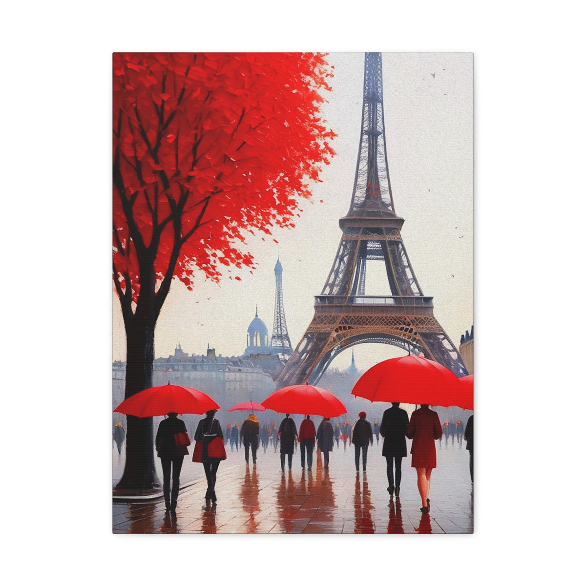 Paris Eiffel Tower Crowd With Red Umbrella France Canvas Artwork High-Quality Breathtaking French City for Home Decor Ready to Hang-Express Your Love Gifts
