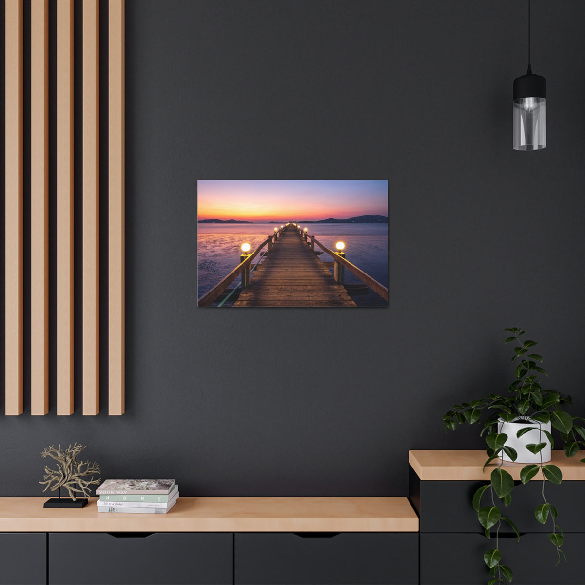 Sunset Wooden Bridge Lake View Nature Wilderness Photography Canvas Wall Art for Home Decor Ready-to-Hang-Express Your Love Gifts