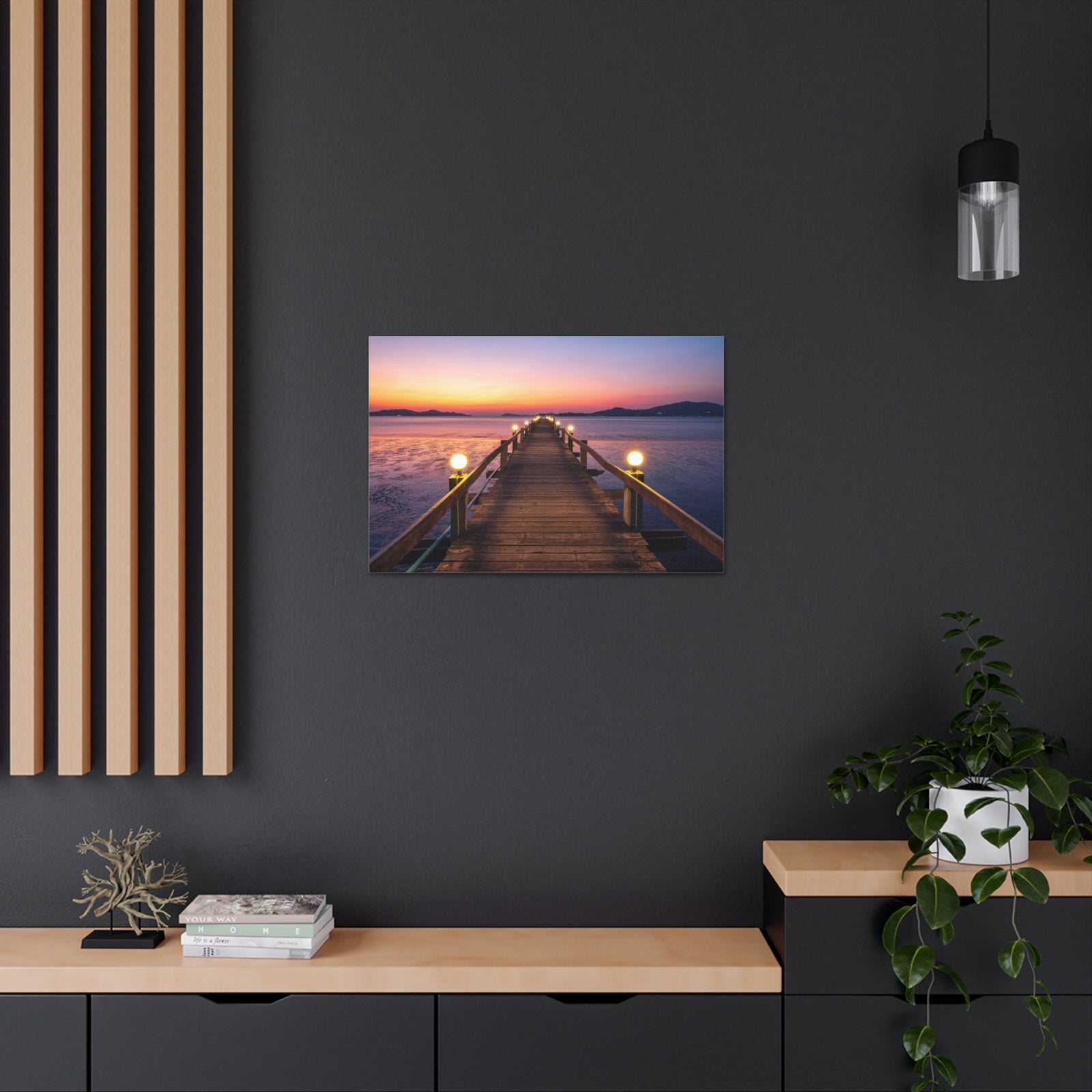 Sunset Wooden Bridge Lake View Nature Wilderness Photography Canvas Wall Art for Home Decor Ready-to-Hang-Express Your Love Gifts