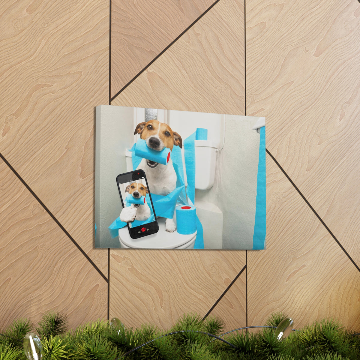 Jack Russell Terrier Holding Phone On Toilet Funny Canvas Wall Art for Home Decor Ready-to-Hand-Express Your Love Gifts