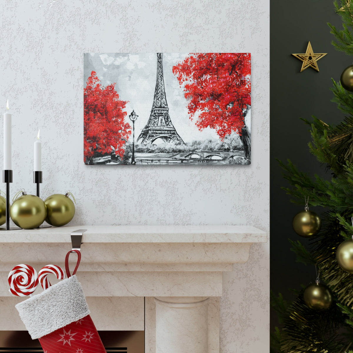 Paris Red Tree Eiffel Tower France Canvas Artwork High-Quality Breathtaking French City for Home Decor Ready to Hang-Express Your Love Gifts