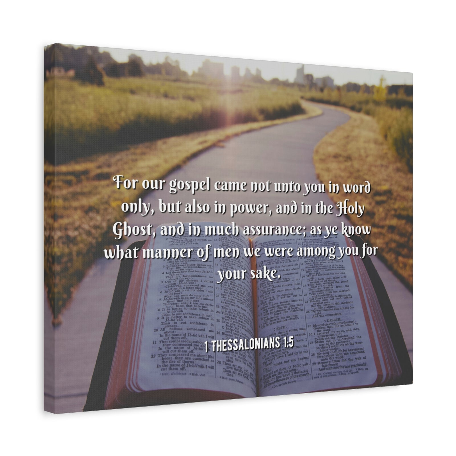 Scripture Canvas Gospel Came 1 Thessalonians 1:5 Christian Wall Art Bible Verse Print Ready to Hang-Express Your Love Gifts