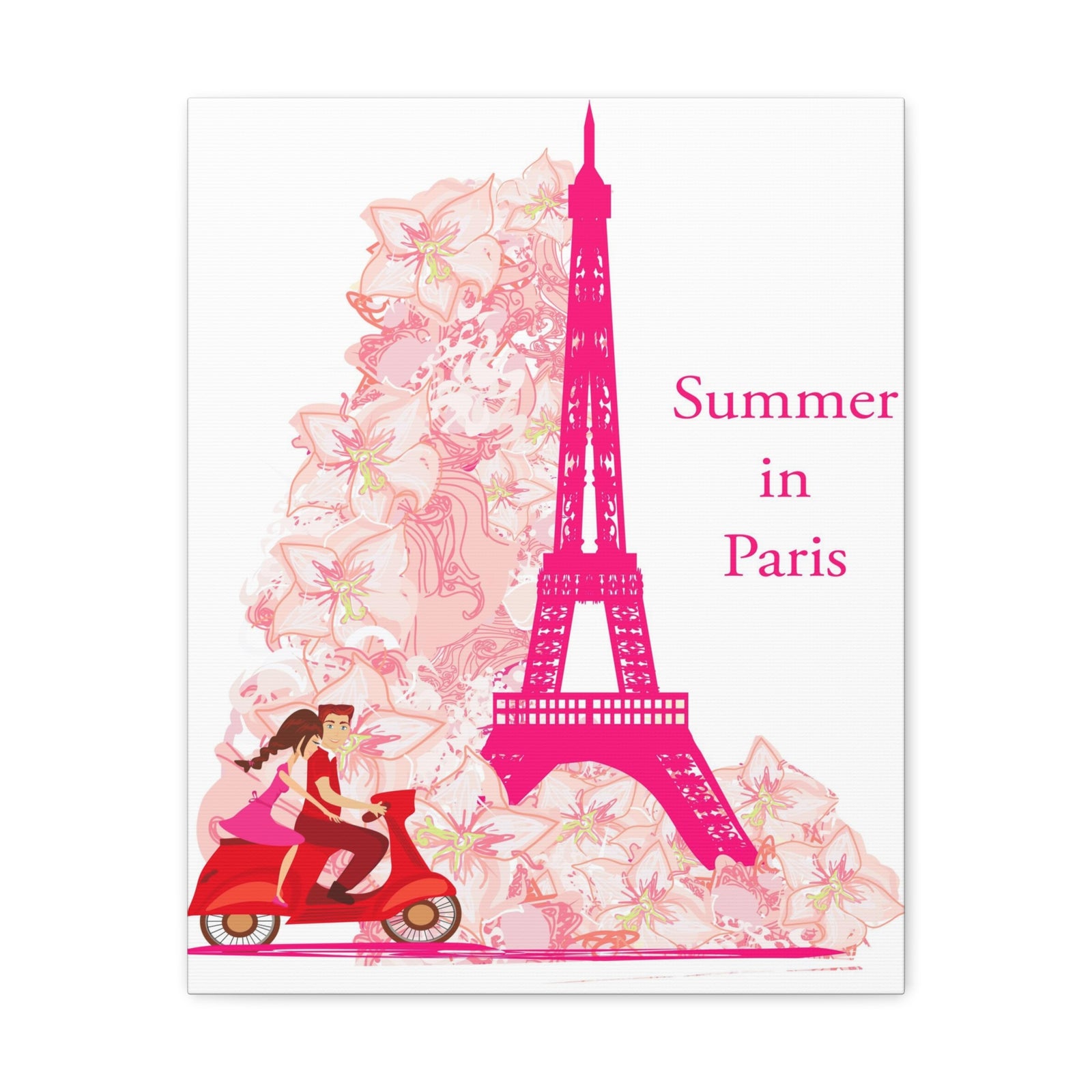 Pink Eiffel Tower Couple On Scooter Paris France Canvas Artwork High-Quality Breathtaking French City for Home Decor Ready to Hang-Express Your Love Gifts