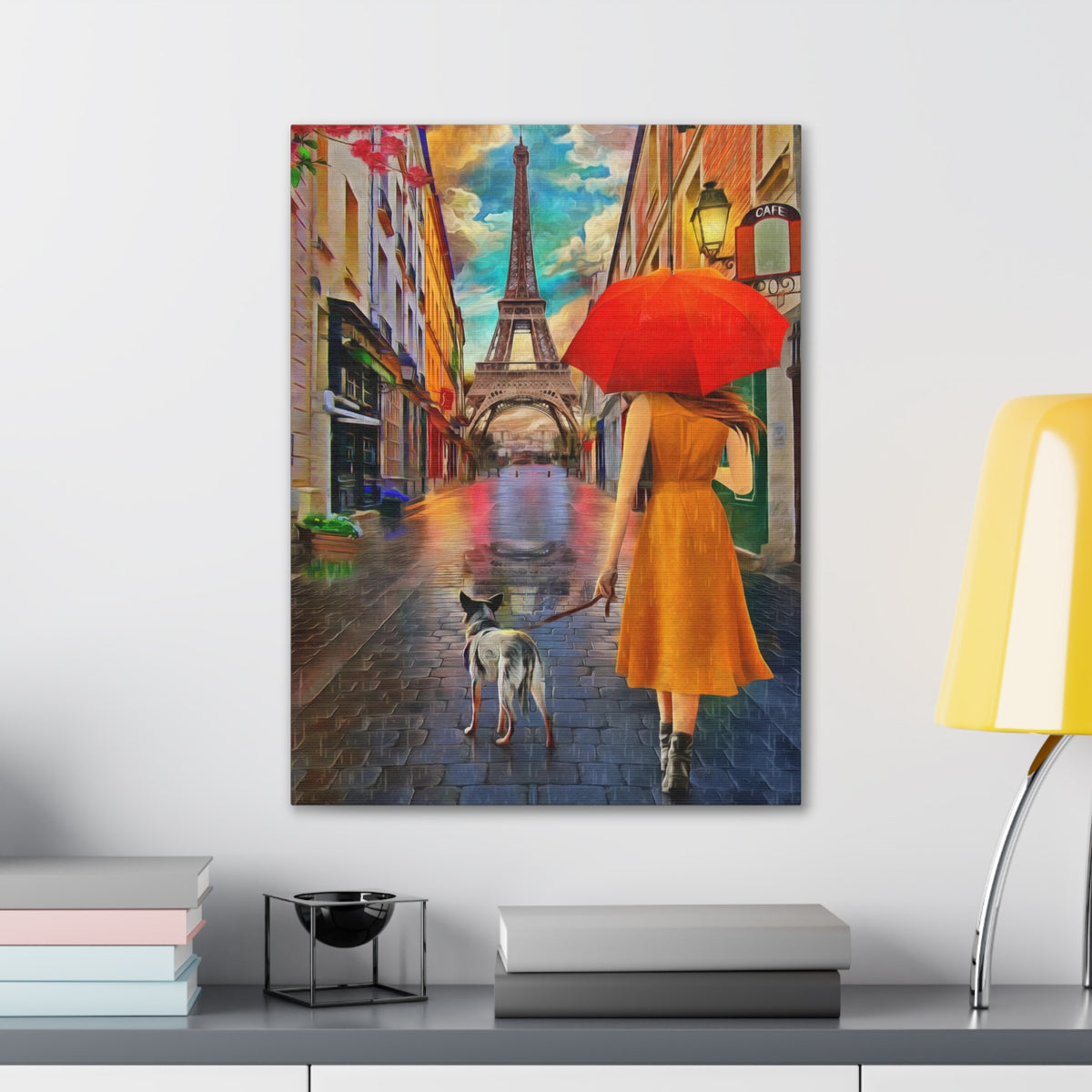 Paris Yellow Dress Red Umbrella Paris Eiffel Tower Couple France Canvas Artwork High-Quality Breathtaking French City for Home Decor Ready to Hang-Express Your Love Gifts