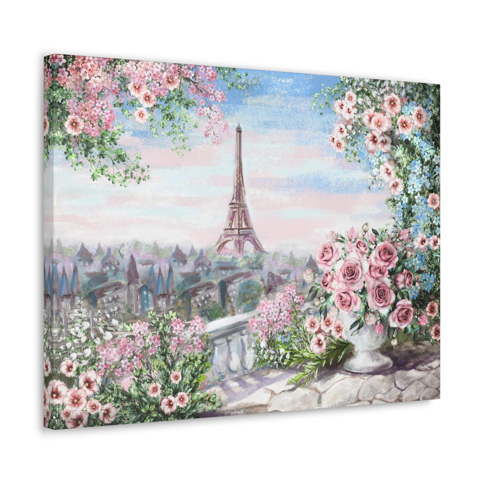 Paris Roses Pink Eiffel Tower France Canvas Artwork High-Quality Breathtaking French City for Home Decor Ready to Hang-Express Your Love Gifts